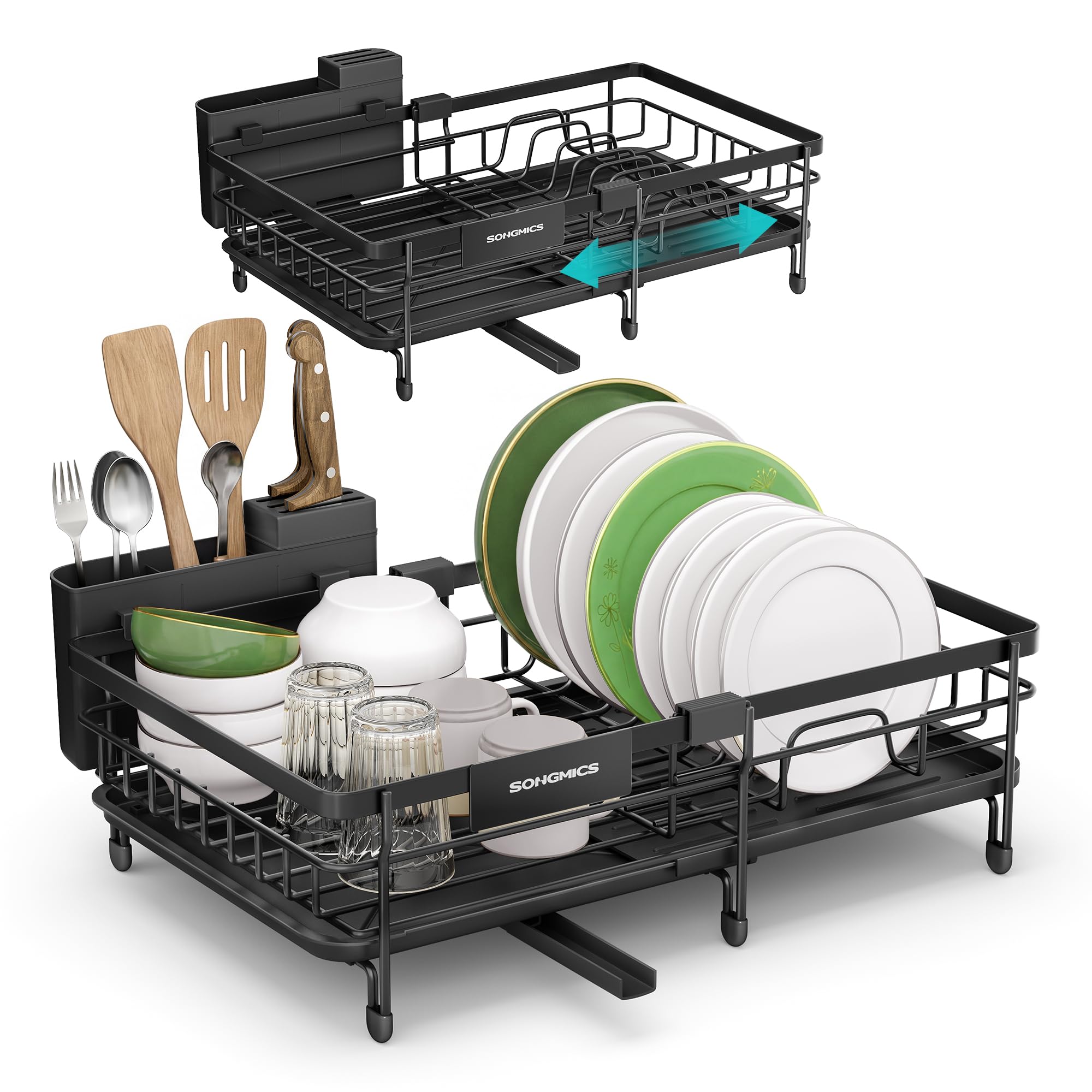 SONGMICS Dish Drainer Rack, Large Extendable Draining Board Rack for Small Spaces, 360° Rotating Extendable Spout, Kitchen Sink Drainer