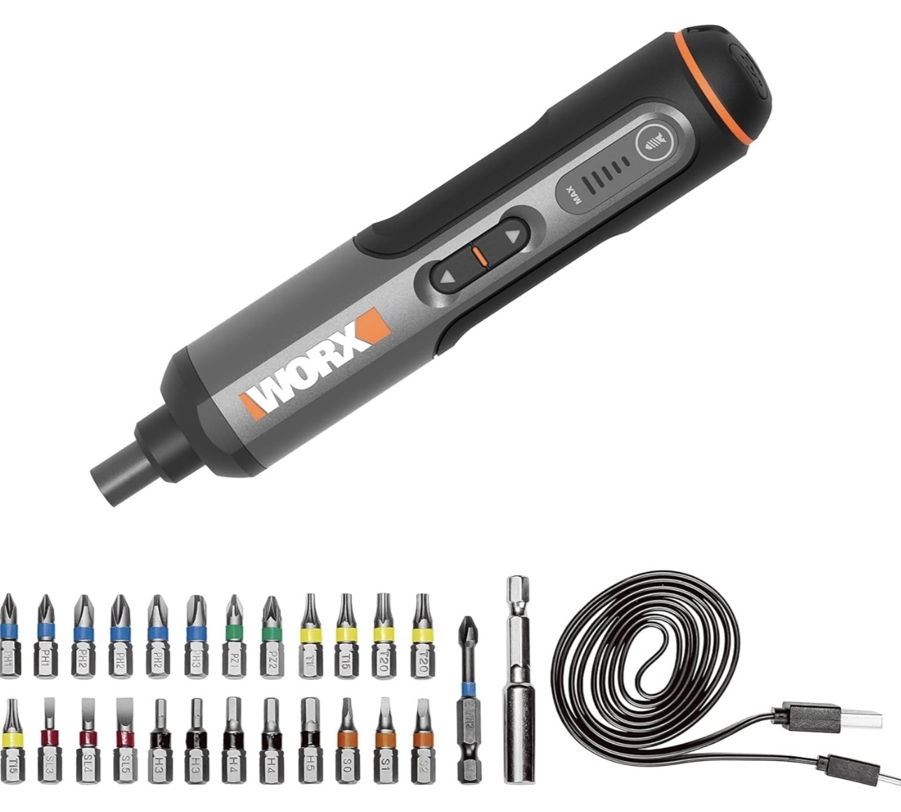 WORX WX240 3.6V (4V MAX) Mini Electric Screwdriver with 3-Gear Torque, 5Nm Power, 24pc Screwdriver Bits