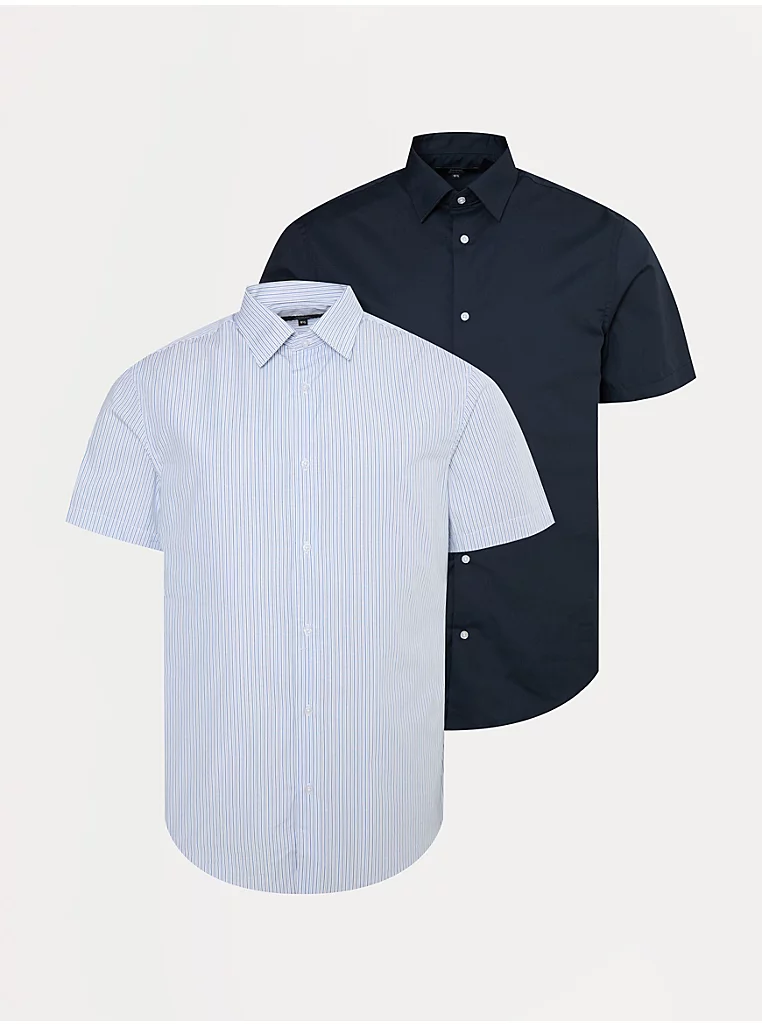 Mens 2 Pack Short Sleeve Shirts (Navy & Striped, Blue Check & Plain, Blue Stripe, Check) Sizes 14.5 - 19 + 10% Off with GR + Free C&C