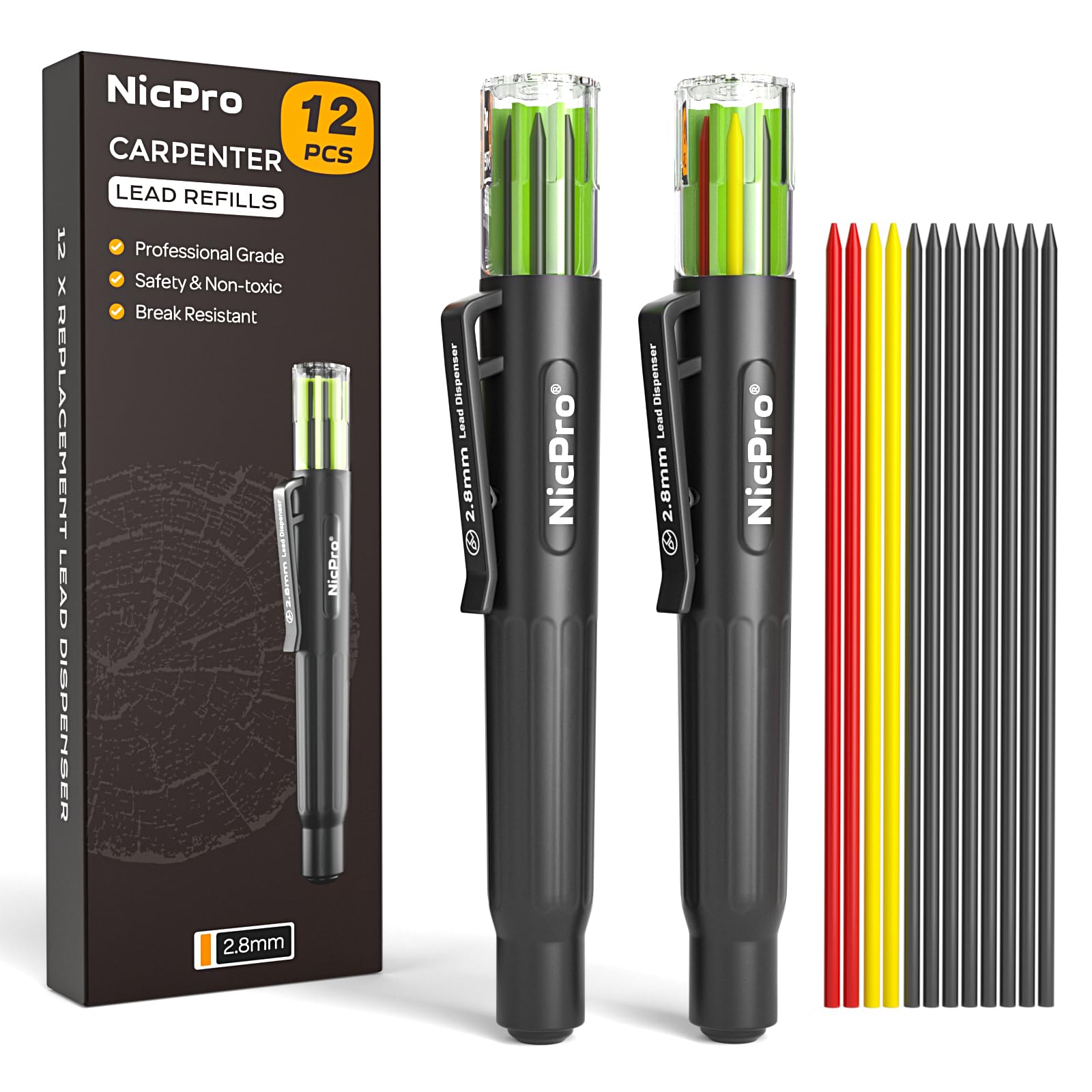 Nicpro 12 Pcs Carpenter Pencil 2.8mm, Replacement Lead Dispenser with 4x colour Lead Refills (£5.77 - 6.45 S&S) - Sold by nicproshop / FBA