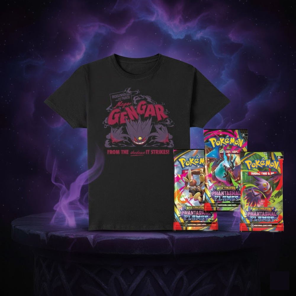 Pokémon Mega Gengar Premium T-Shirt Bundle (Size L) - Includes 3 Phantasmal Flames Booster Packs!