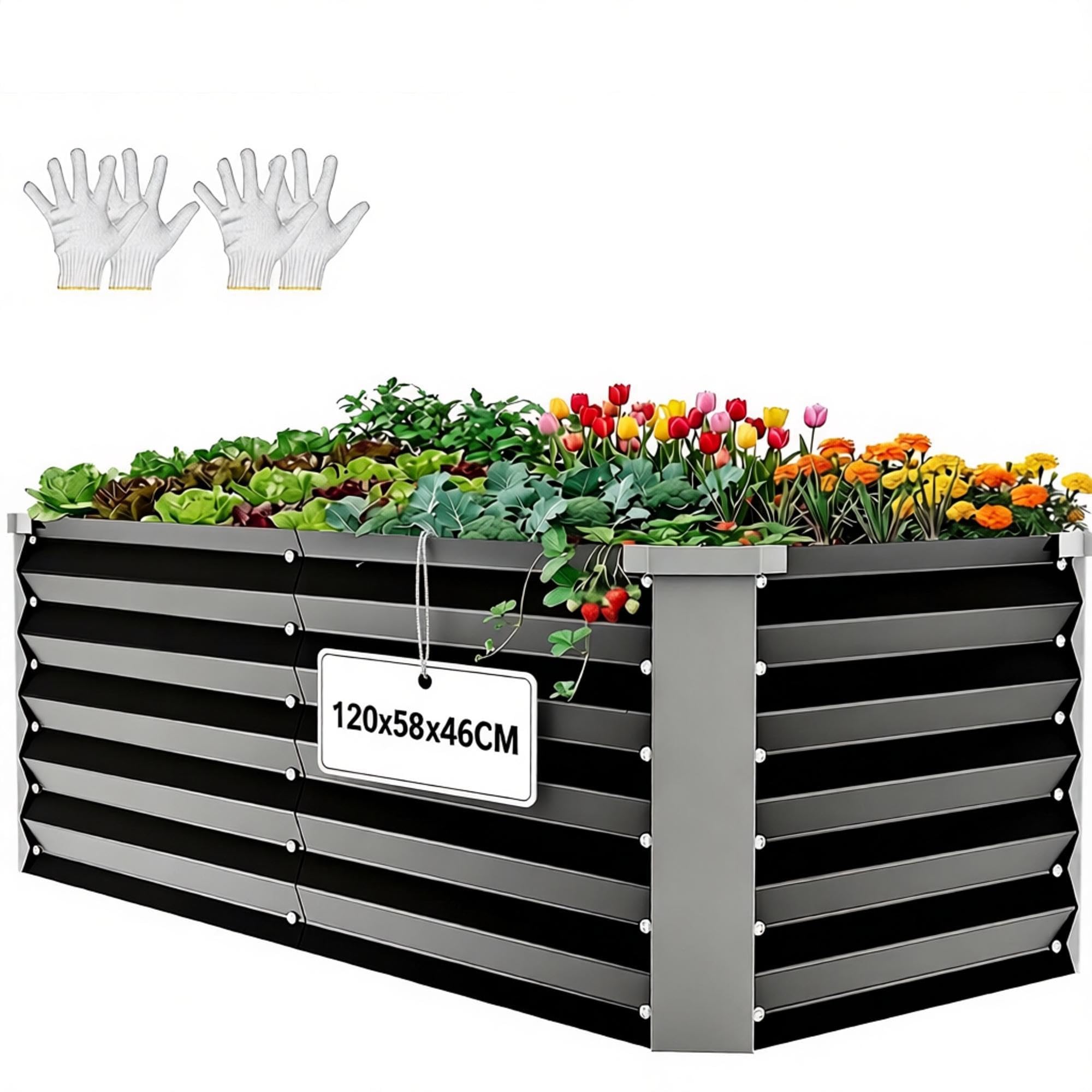 YITAHOME Raised Garden Bed 120x58x46cm,Outdoor Plant Galvanised Steel Sheet | With Safety Rubber, Black