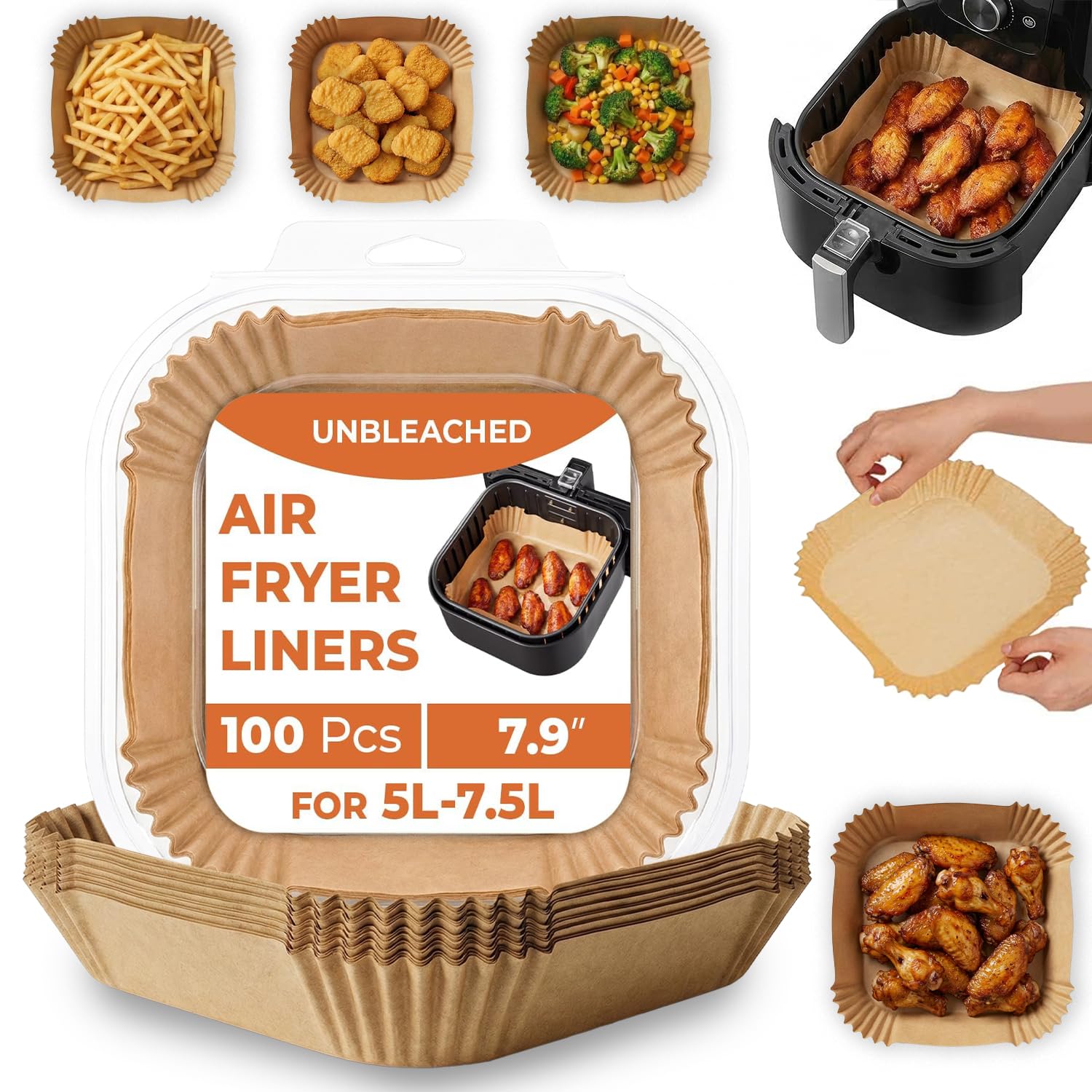 Roe Tenpo Air Fryer Liners, 100Pcs Disposable Baking Parchment Paper, Non-Stick & Greaseproof