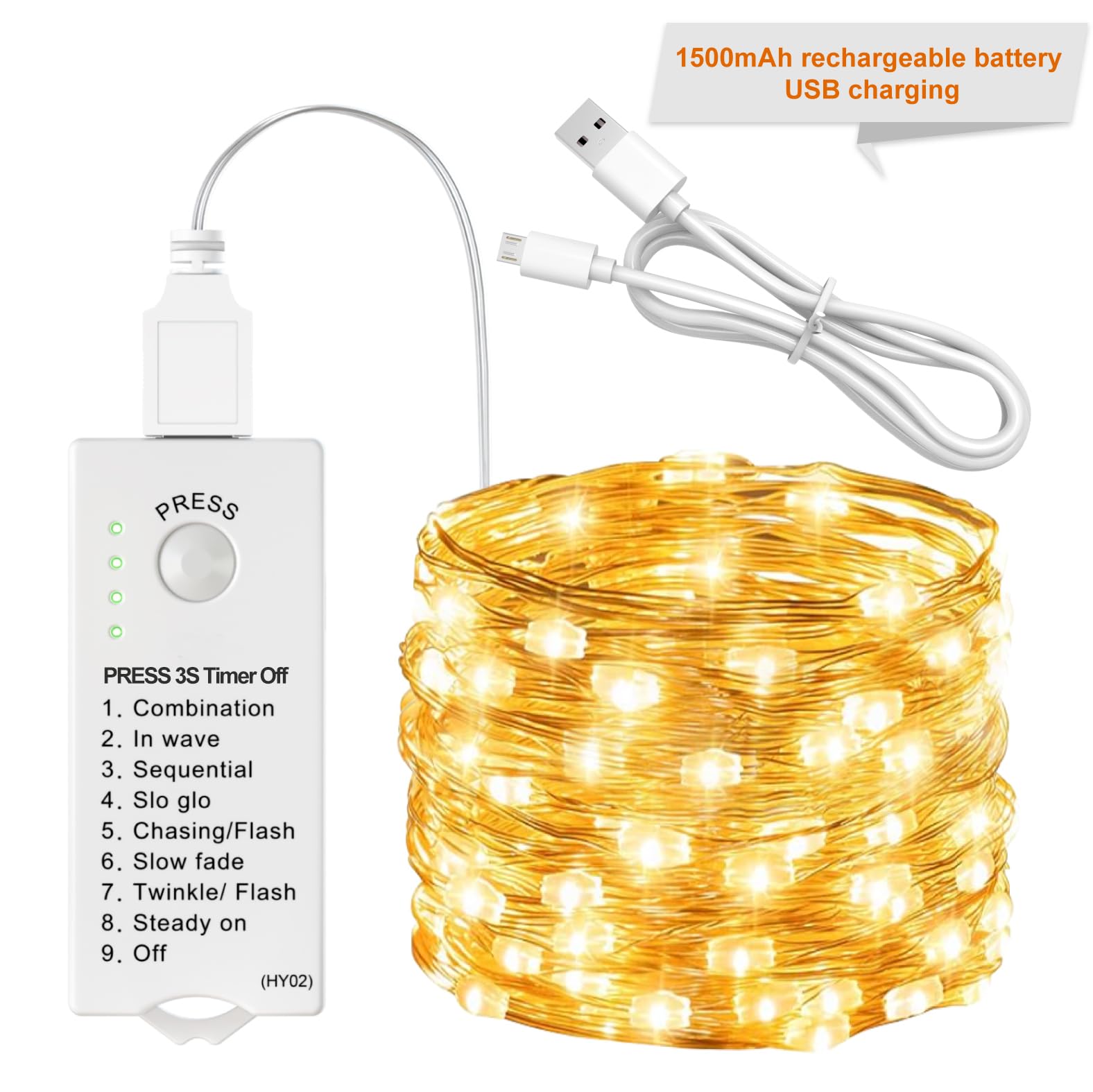 16ft 50 LED Rechargeable Fairy Lights, 8 Modes, Timer, Silver Wire, Warm White, Sold by Sinamer-UK / FBA