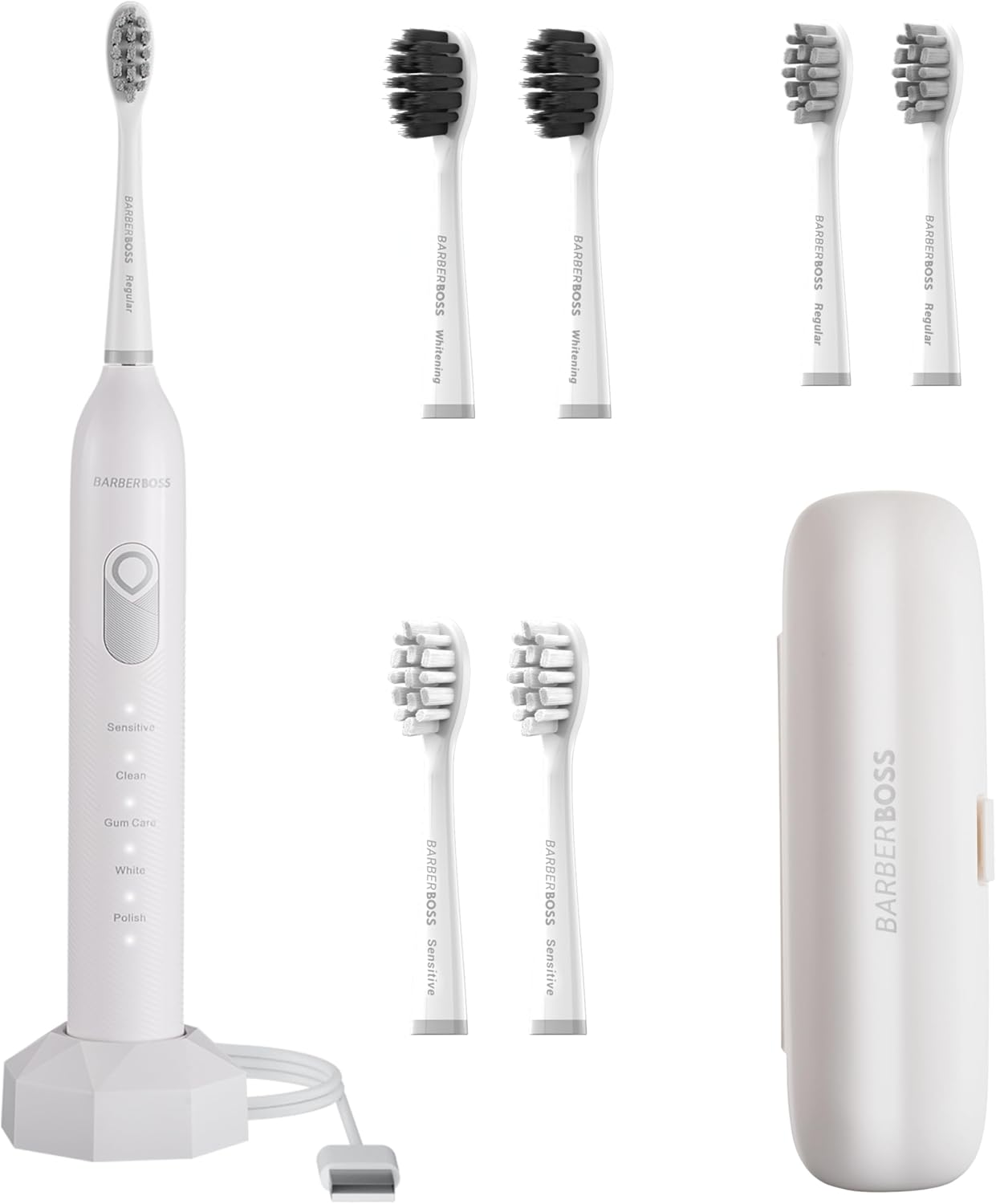 BarberBoss Sonic Electric Toothbrush, 5 Modes, 6 Heads, Pressure Sensor, Smart Timer and Travel Case, White