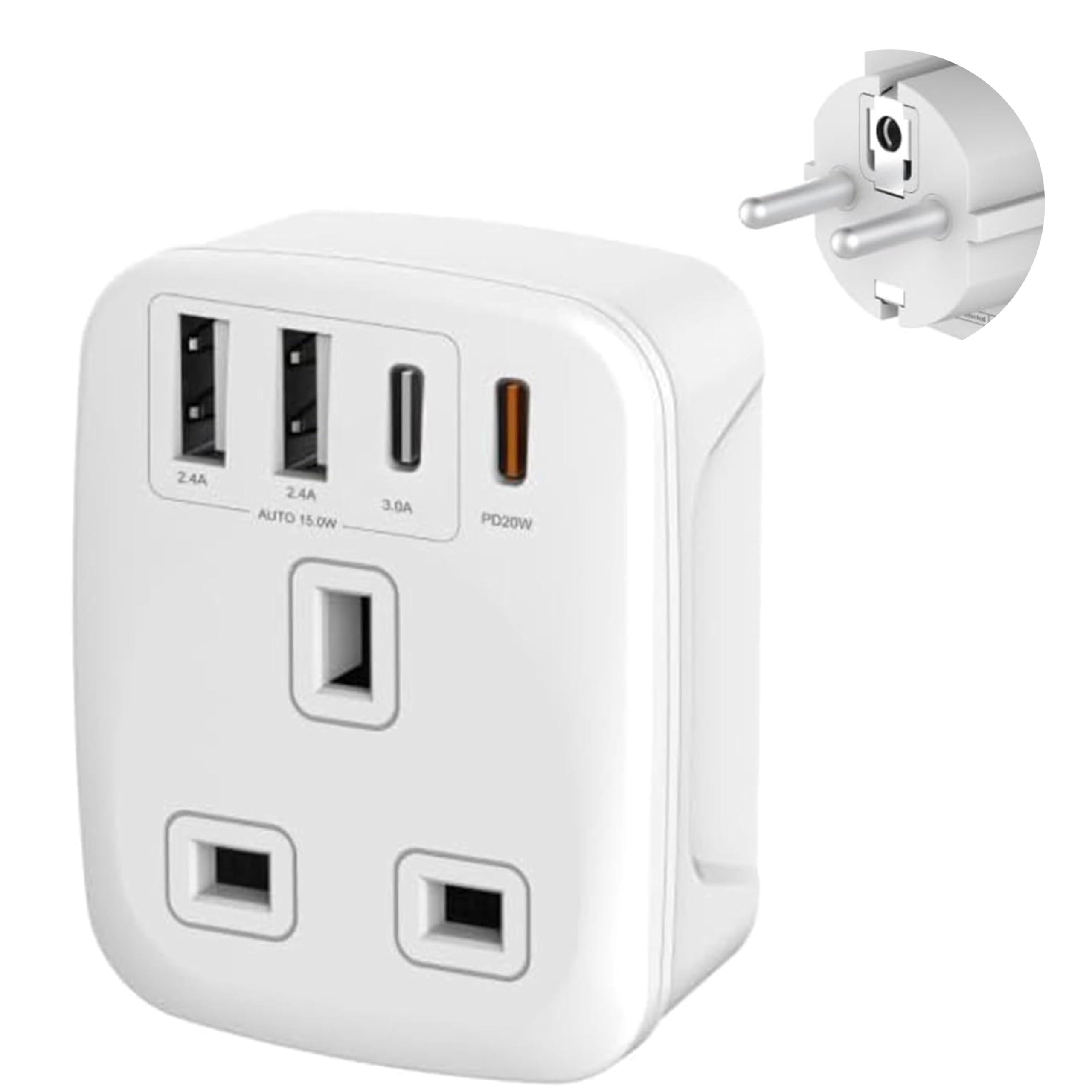 Double Dragon 20W Fast Charging 5-in-1 UK to EU Travel Adapter | 2 USB-A & 2 USB-C Ports | Converts UK 3 PIN Plug to European 2 PIN Plug