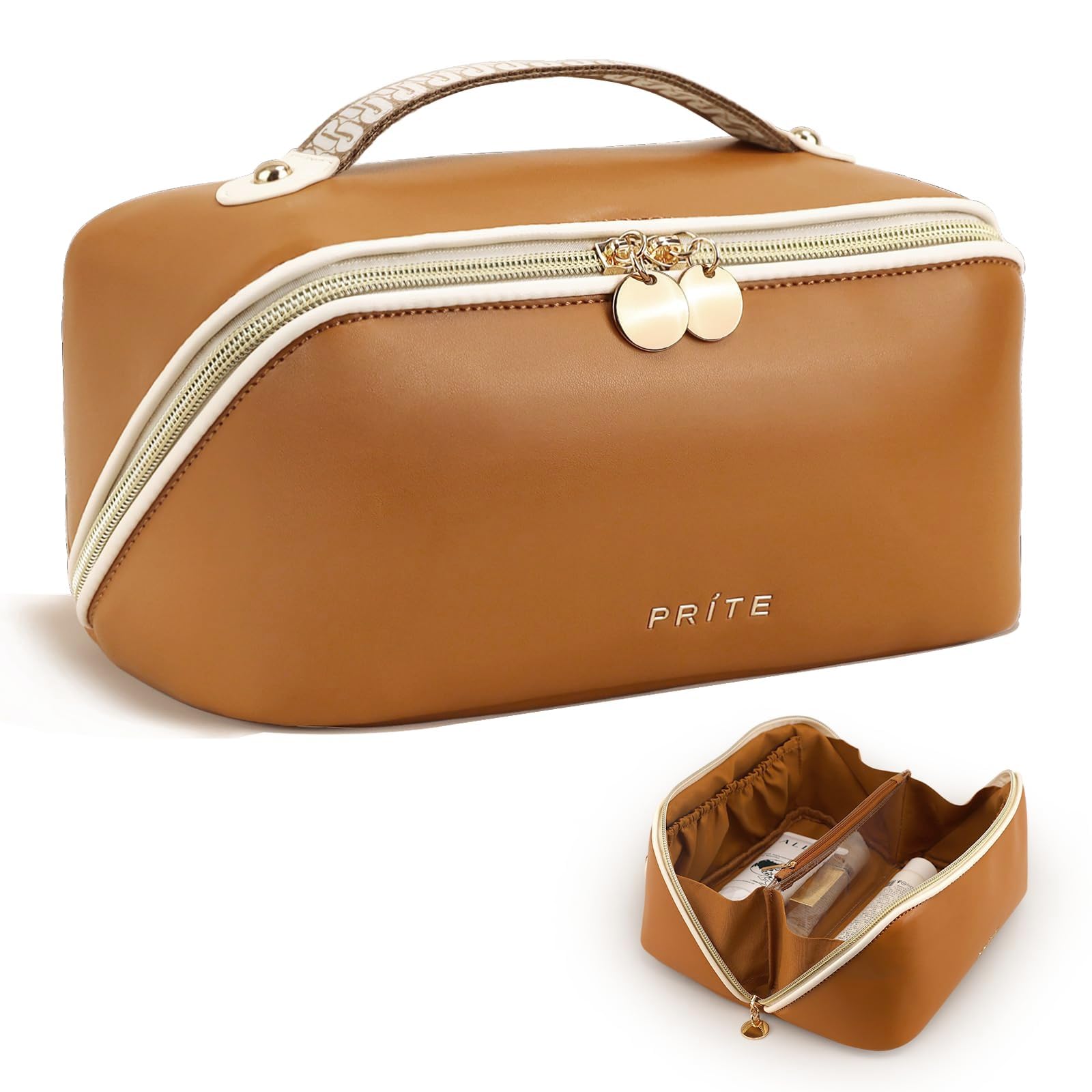 Large Prite Travel Makeup Bag Flat Lay Cosmetic Case with Brush Pocket Toiletry Bag - PriteShop FBA