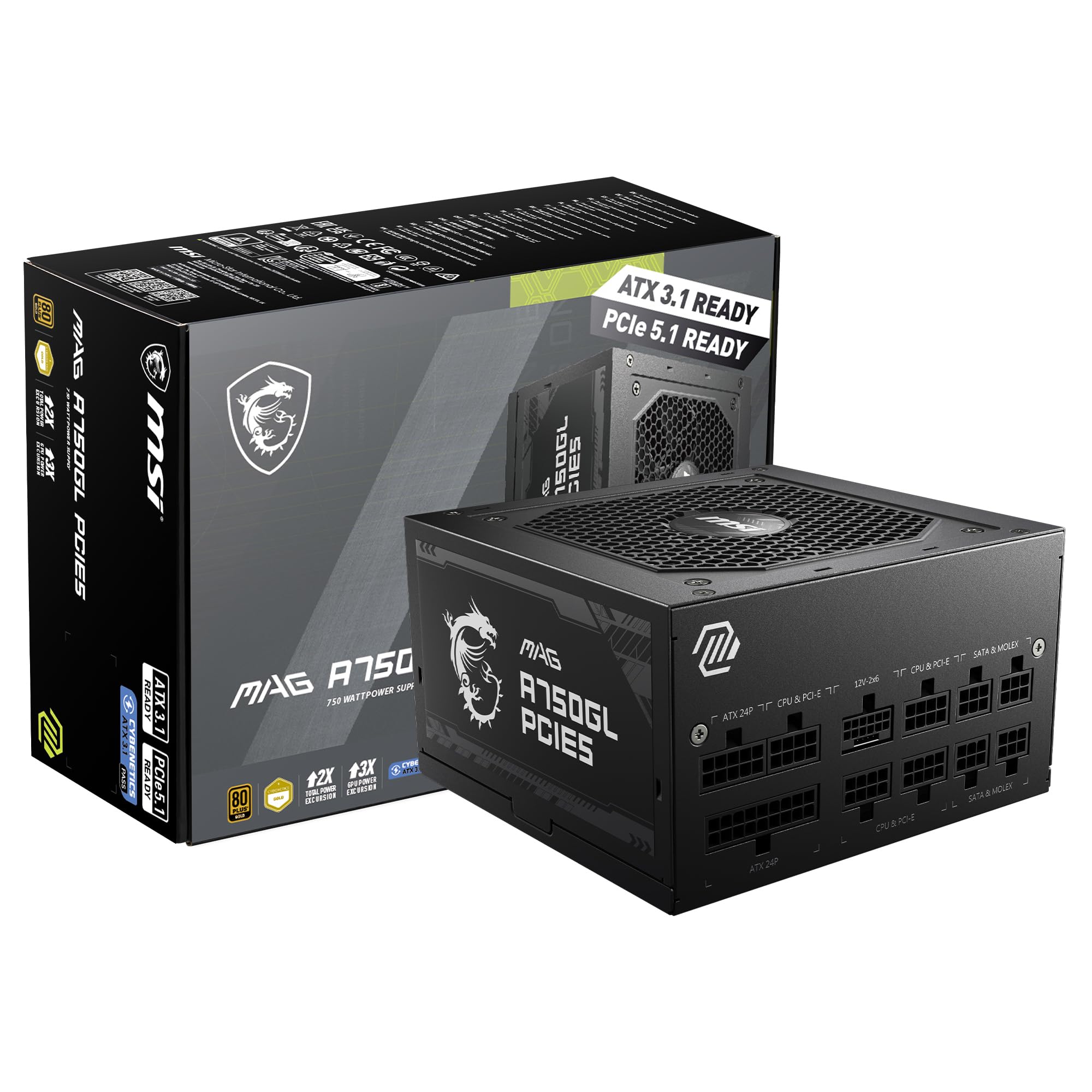 MSI MAG 750W A750GL Power Supply 80 Plus Gold - Native 16 pin Connector Design - Full Modular Design - 7 Year Warranty