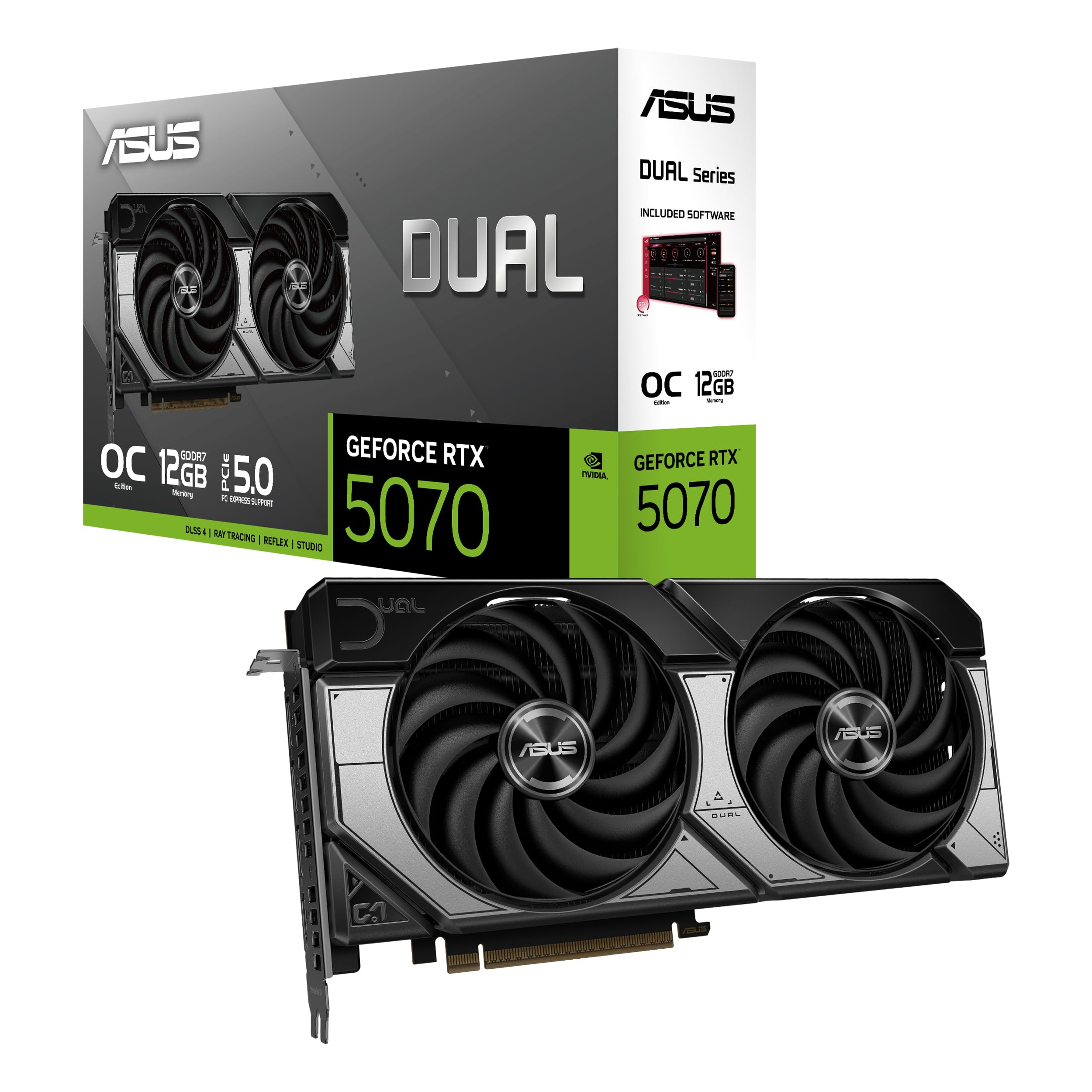 ASUS RTX 5070 Dual OC Graphics Card, 12GB DDR7, HDMI, 3 DP, 2572MHz Clock, Overclocked, Compact SFF-Ready