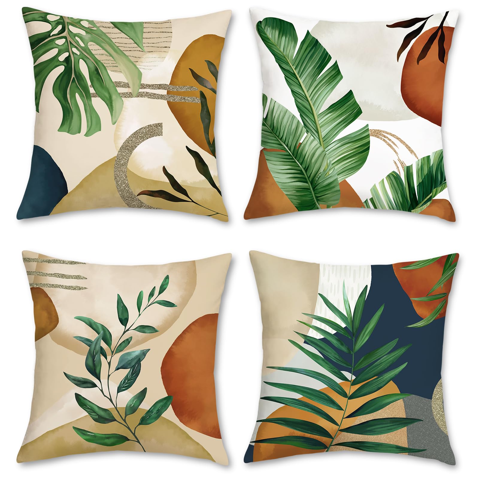 Bonhause Boho Leaves Cushion Covers 45 x 45 cm Modern Green Tropical Leaf Decorative Throw Pillow Covers Set of 4 - SB Bonhause / FBA