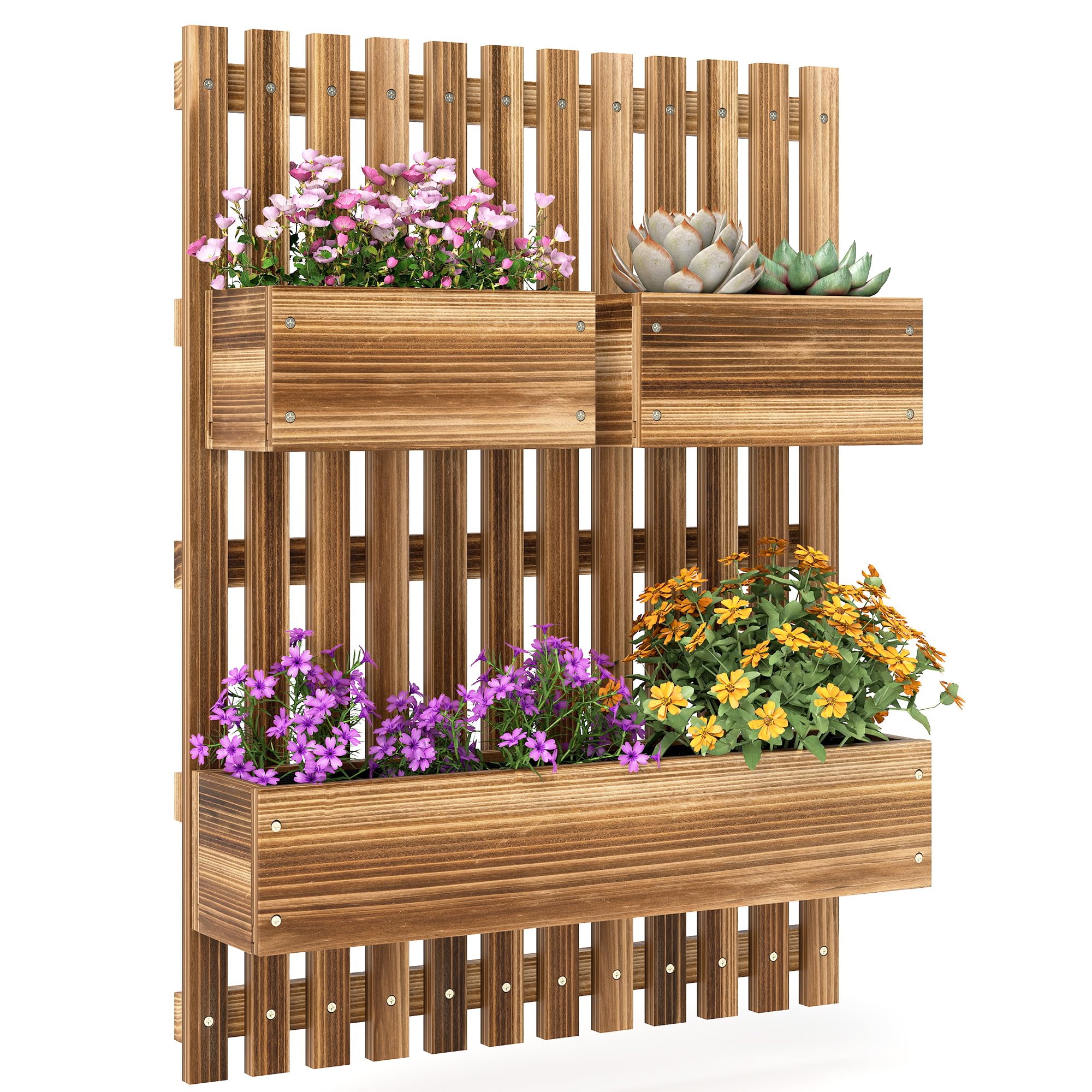 Outsunny Wall-mounted Wooden Garden Planters with Trellis, Drainage Holes and 3 Movable Planter Boxes with Liners