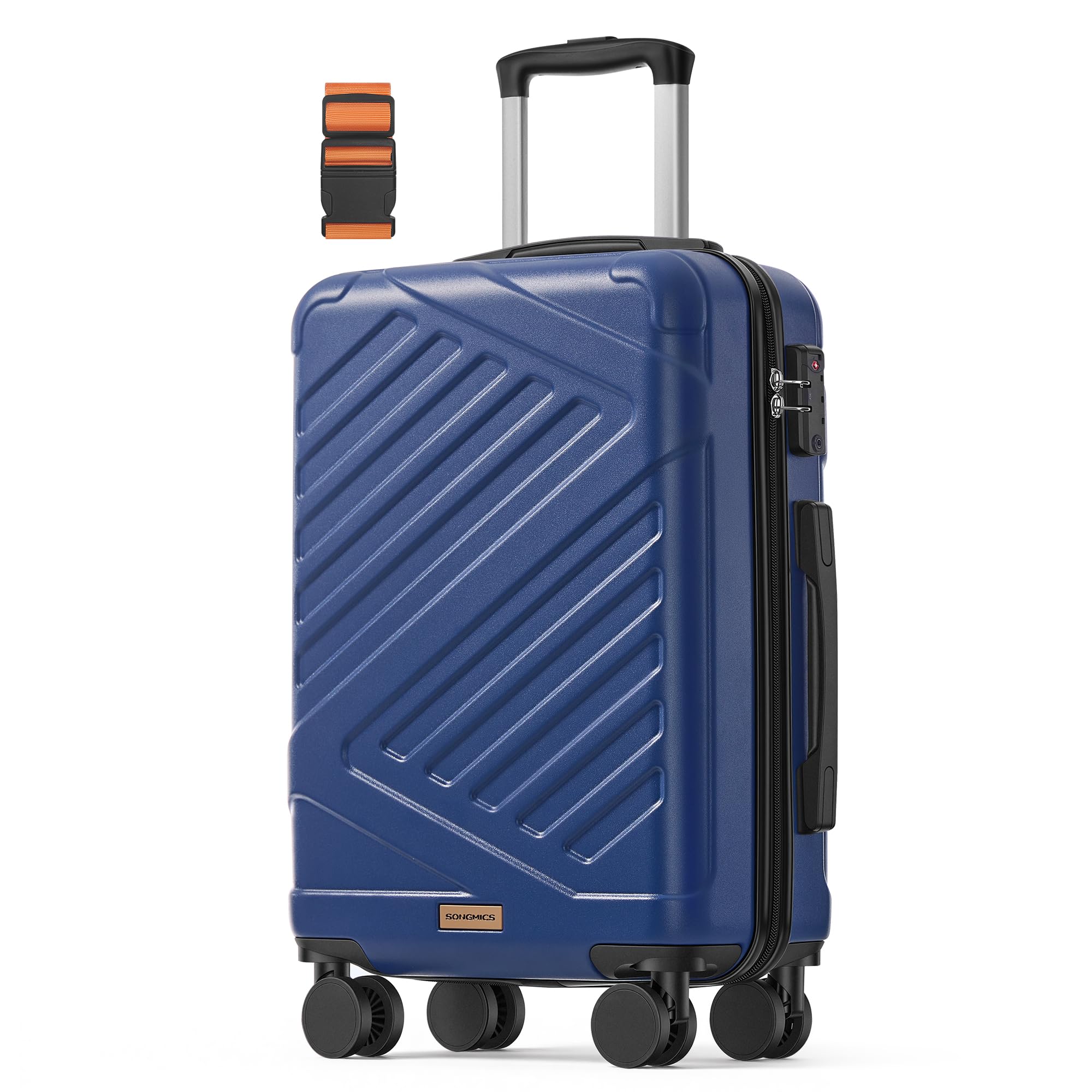 SONGMICS Hard Shell Suitcase, ABS Luggage Trolley with TSA Lock, 4 Double Spinner Wheels with Strap, Cabin Suitcase 55 cm, Bijou Blue