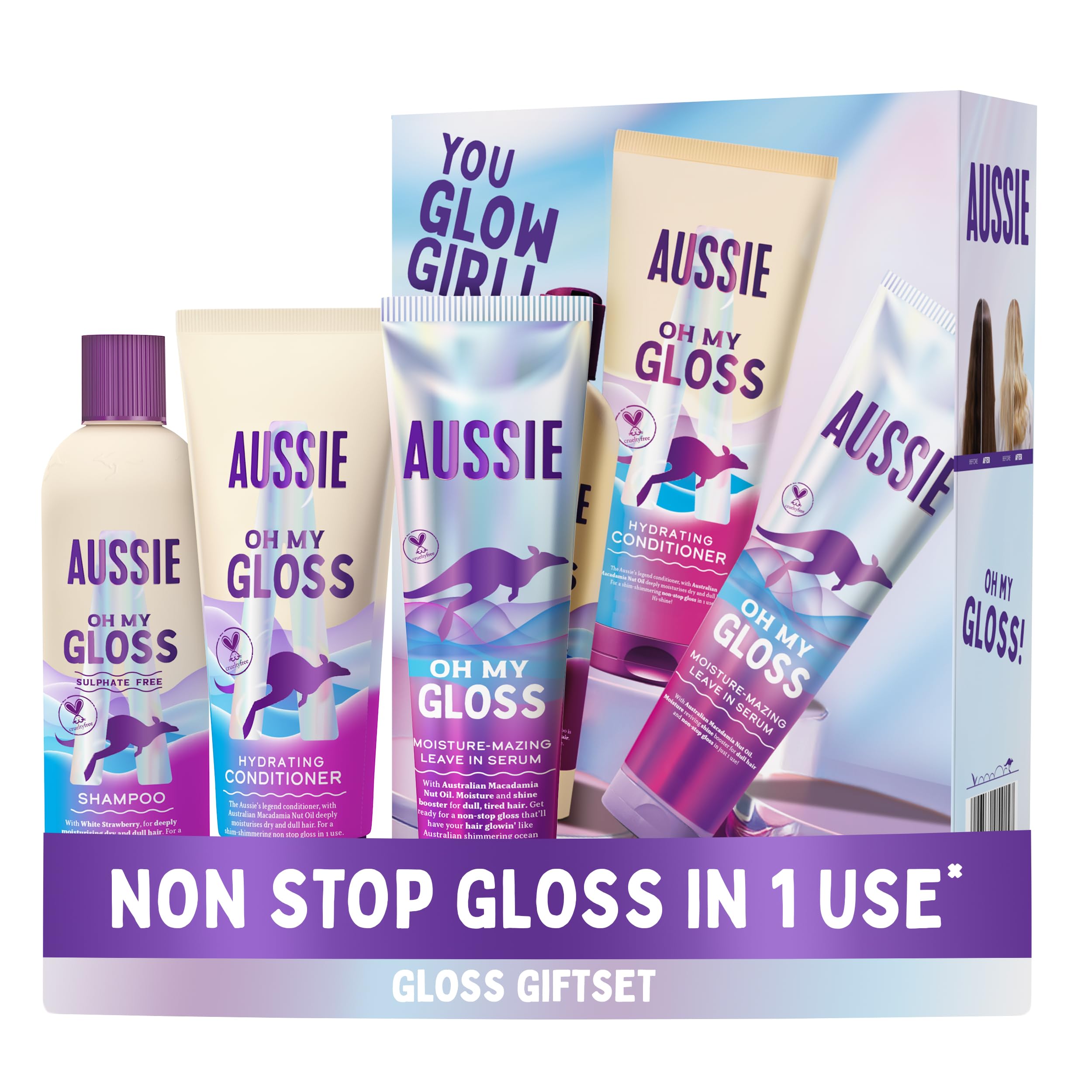 Aussie Oh My Gloss Giftset: Hydrating Shampoo & Conditioner, Leave in Serum | Lightweight Hair Treatment Serum, £9.50/£8.50 with S&S