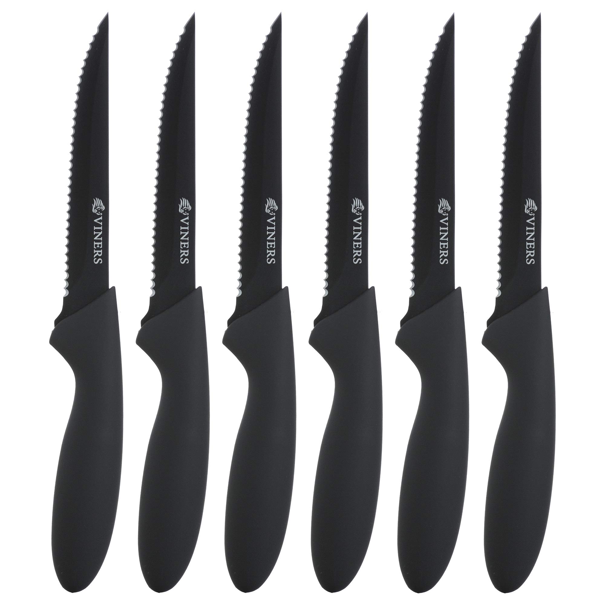 Viners Everyday Steak Knives | Set of 6 Stainless Steel Knives | Black Non-Stick Serrated Blades with Soft-Touch Handles