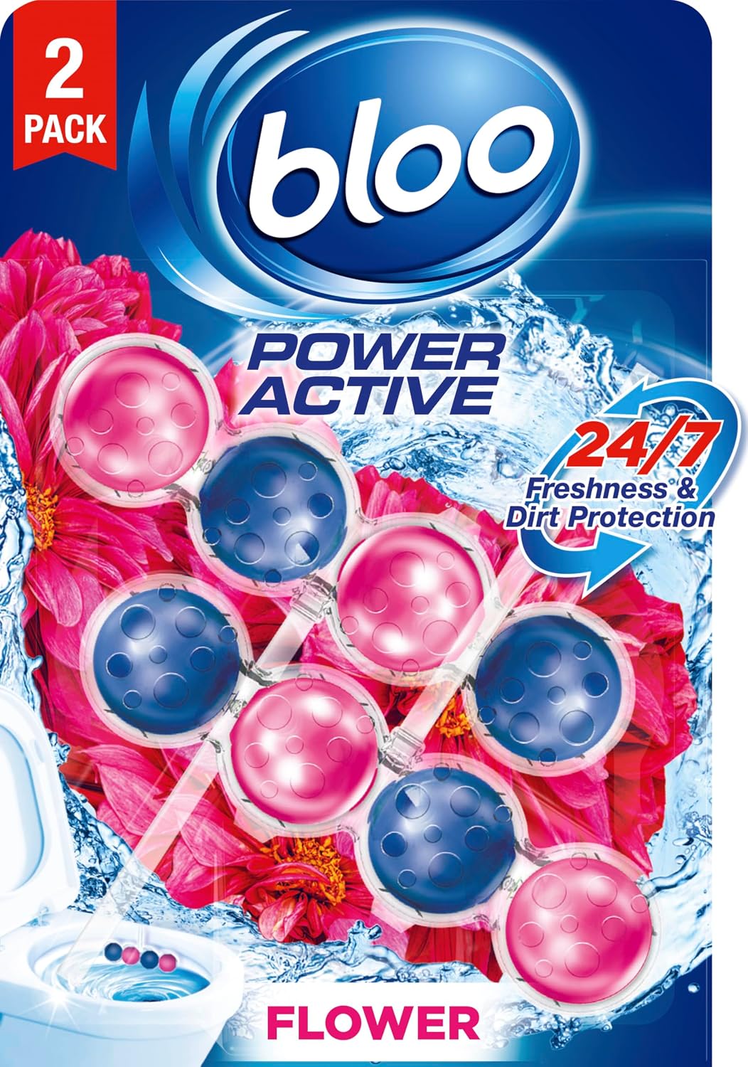 Bloo Power Active Toilet Rim Block Fresh Flowers, Anti-Limescale, Cleaning Foam, Dirt Protection - Pack of 2 - S&S Voucher 5/15% £1.18/£1.11