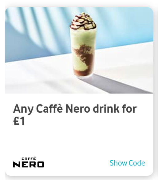Get any barista‑made drink for £1 at Caffè Nero Via Vodafone Very Me Rewards App