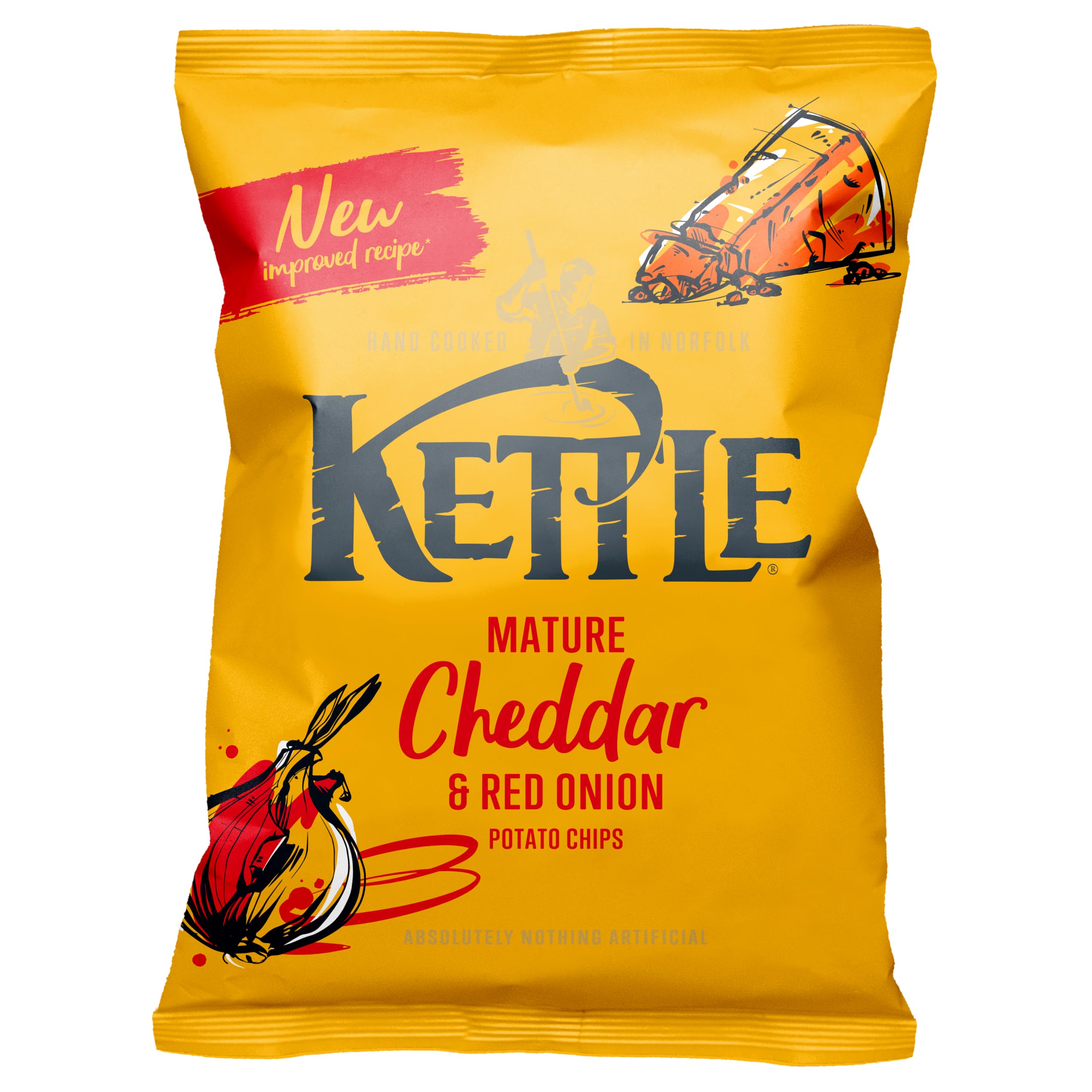 Kettle Mature Cheddar & Red Onion Crisps, 130g Share Bag, Hand Cooked British Potato Chips, Gluten Free, Vegetarian Friendly