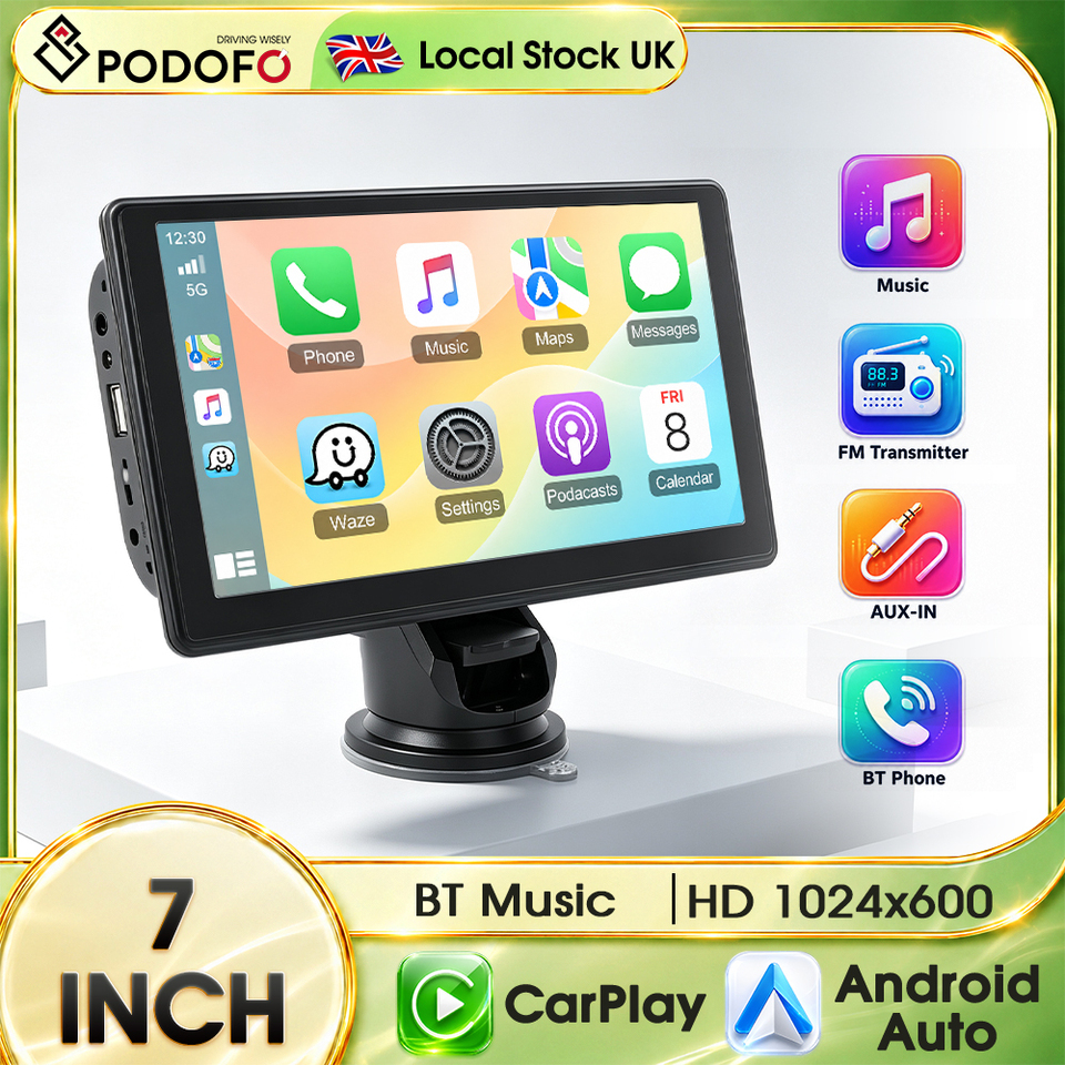 Podofo 7" Wireless Carplay Android Auto Portable Digital Dashboard, Smart Player With Voice Control, New Customers - By Podofo UK
