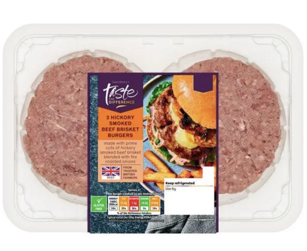 Sainsbury's 2 x Hickory Smoked Beef Brisket Burgers, Taste the Difference 340g - Nectar Price
