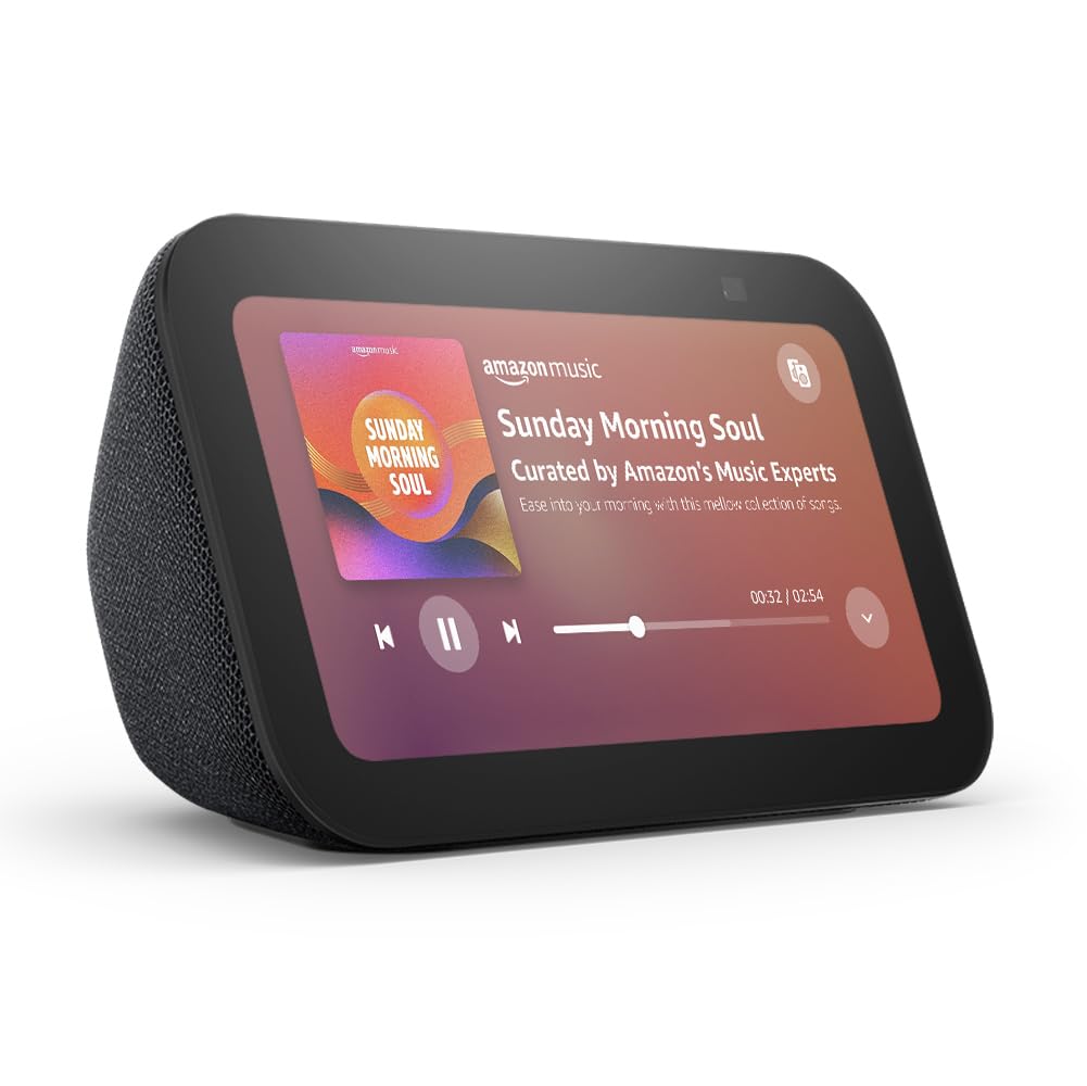 Echo Show 5 (Newest gen), Smart display and alarm clock with clearer sound, Charcoal, with Alexa+ Early Access
