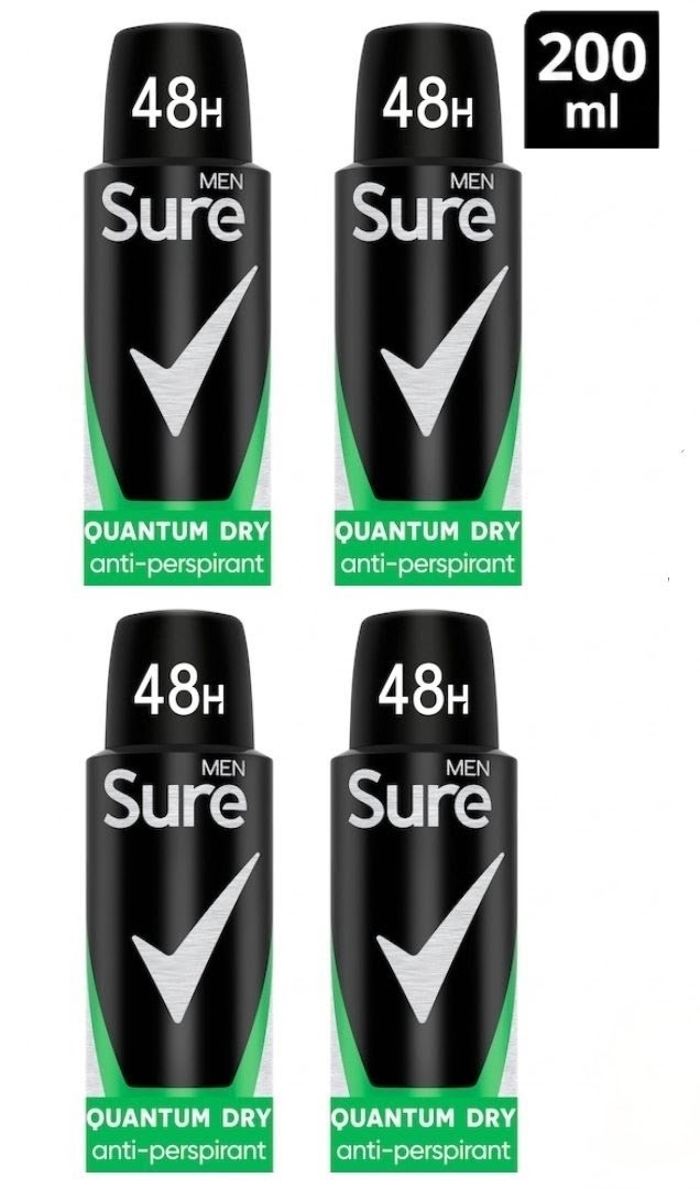 4 x Sure Men Quantum Dry/ Active/ Invisible Ice Fresh/ Women Invisible Pure/ Cotton/Bright 48h Antiperspirant Deodorant 200ml-Clubcard Price