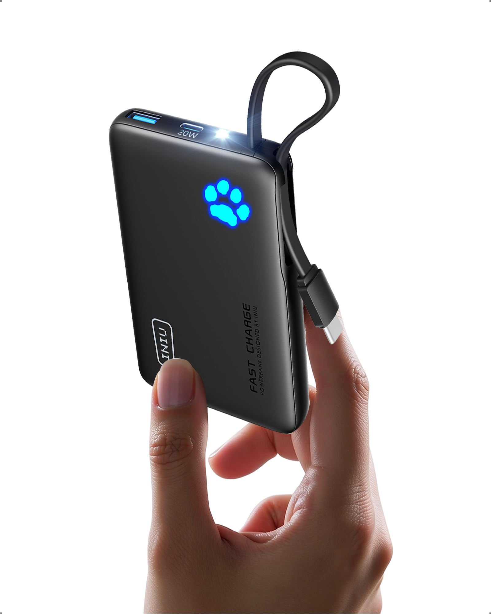 INIU Smaller 10000mAh Power Bank, 20W PD Fast Charging Portable Charger Flashlight, Built in USB C Cable, Black - by SimpleLife LLC / FBA