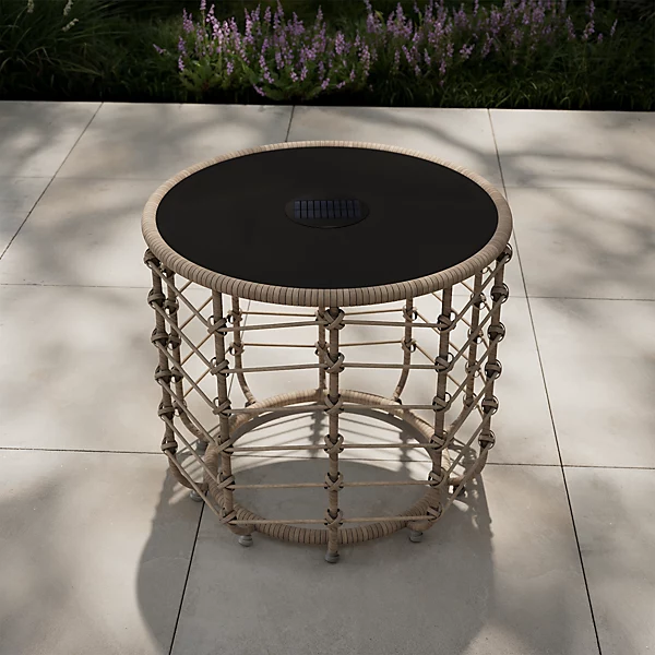 GoodHome Omalos Rattan Effect Beige Round Side Table - Solar-powered, Free C&C