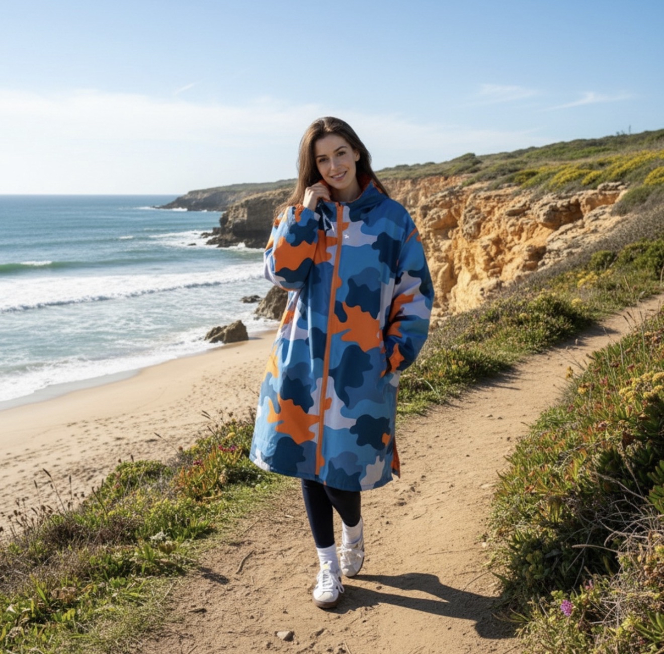 OHS Adults Water Resistant Camo Sherpa Drying Robe - Blue/Orange - Small/Medium & Large/X Large