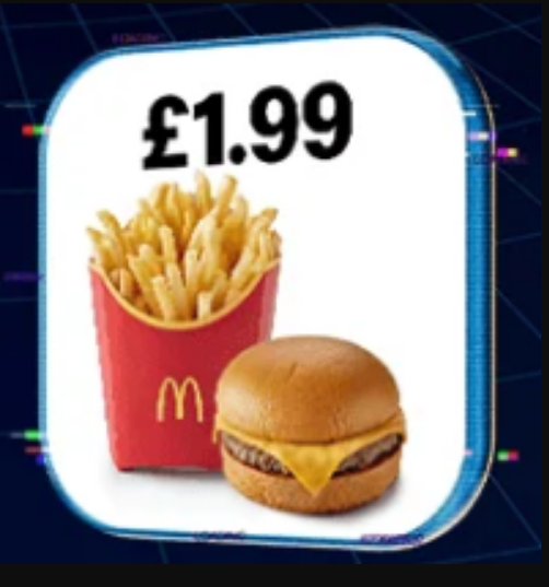 Cheeseburger + Medium Fries (11am - Midnight) / Sausage Sandwich + Hash Brown (5am to 11am) - Selected Account via app