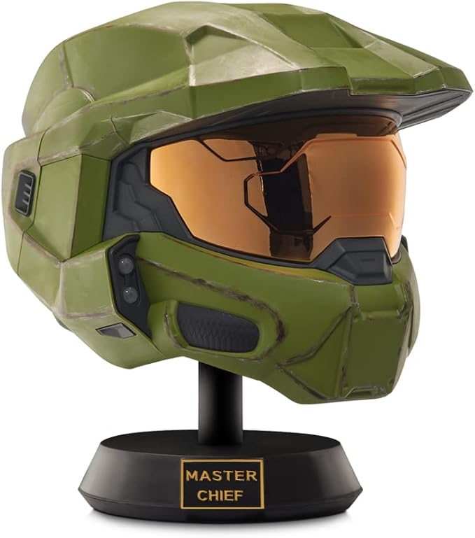 Halo Master Chief Deluxe Helmet with Stand - LED Lights on Each Side - Battle Damaged Paint - One Size Fits Most - w/ Voucher