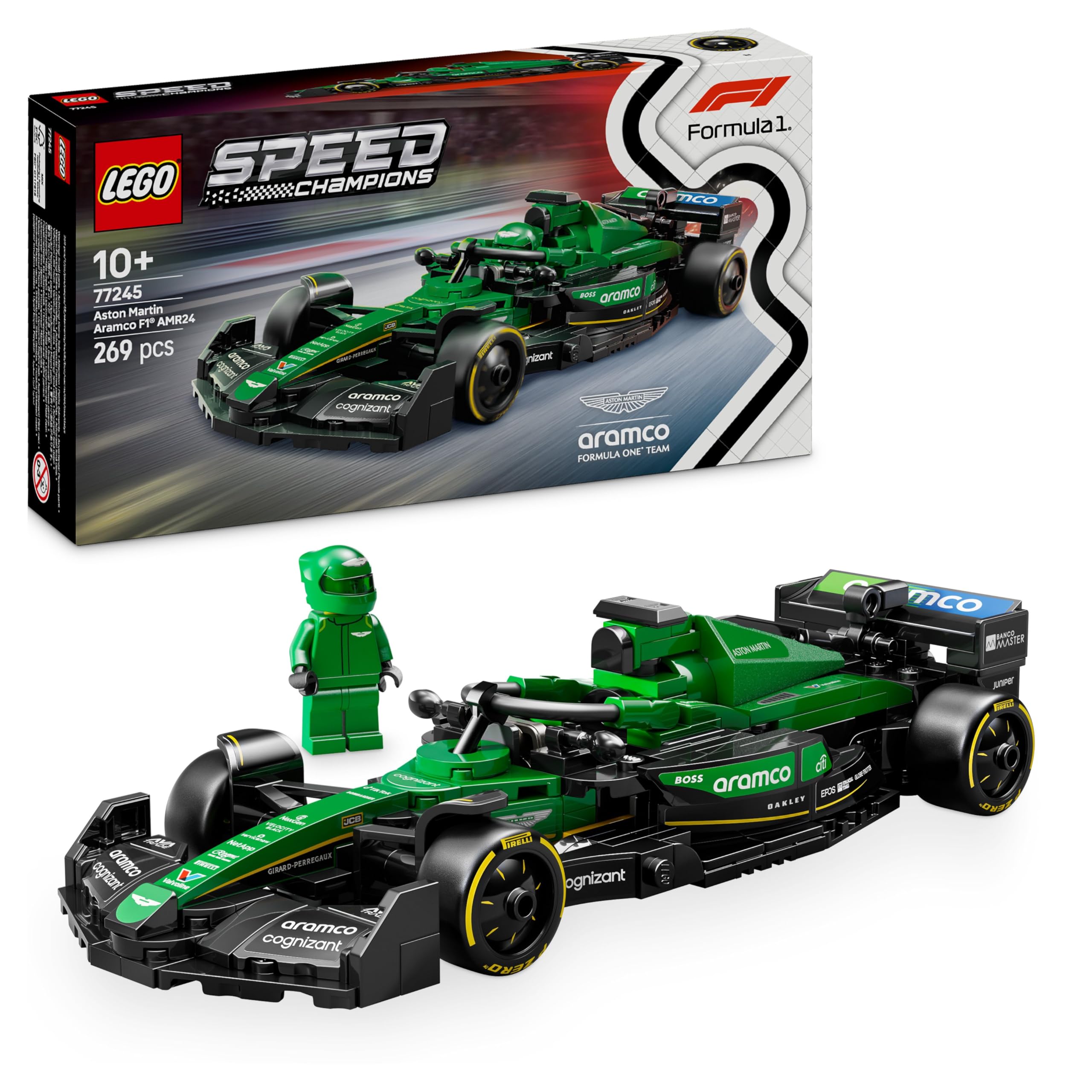 LEGO Speed Champions Aston Martin Aramco F1 AMR24 Race Car Toy with a Collectible Formula 1 Driver Minifigure - Model Kit 77245