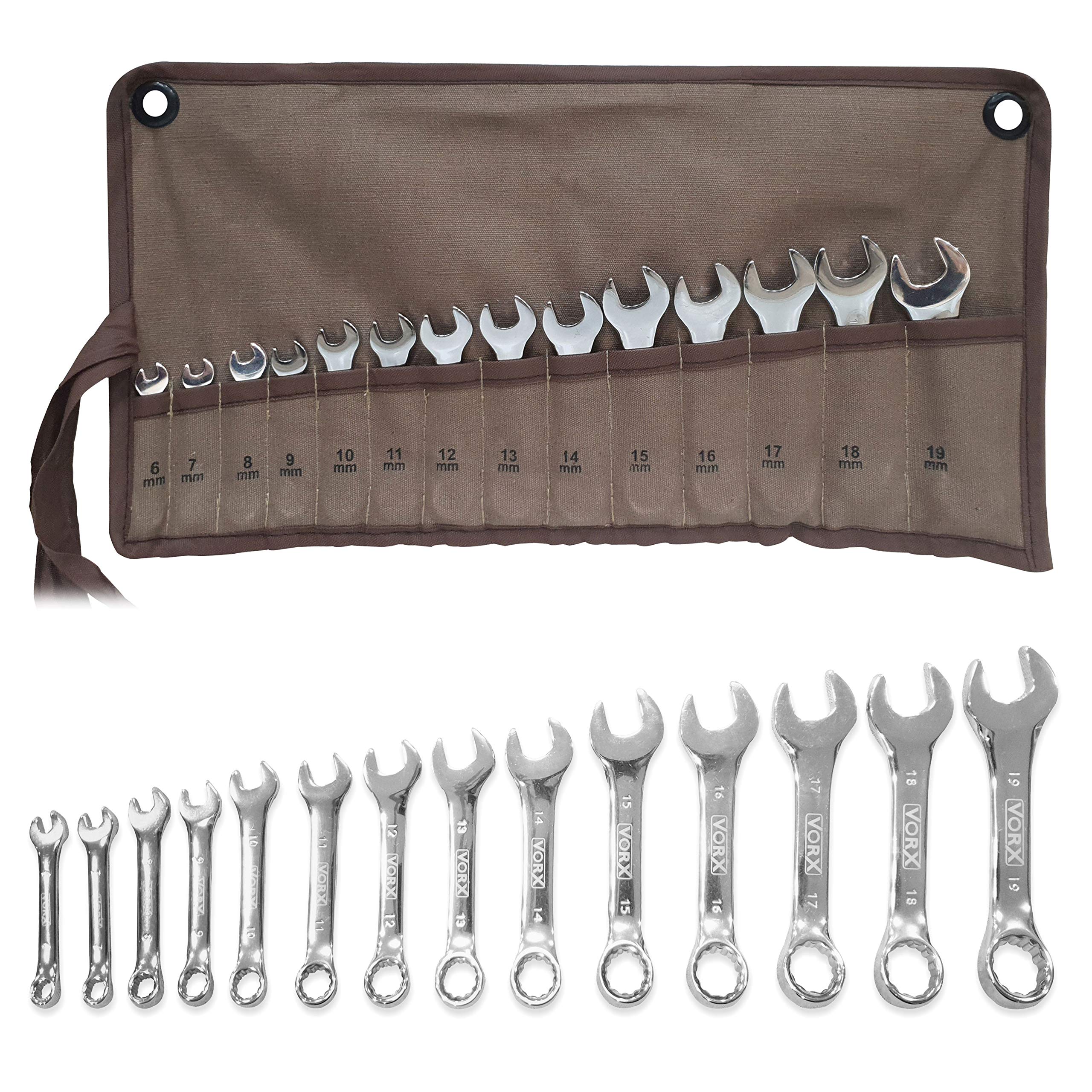 VORX Stubby Spanner Set 14 Pc, PRO Grade, Supplied in Heavy Canvas Storage Wallet - Sold by VORX / FBA