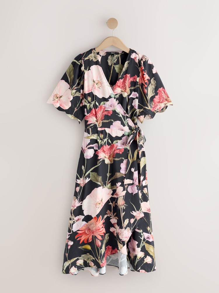 Navy Blue Floral Scallop Sleeve Wrap Midi Dress - Selected Sizes - Free C&C