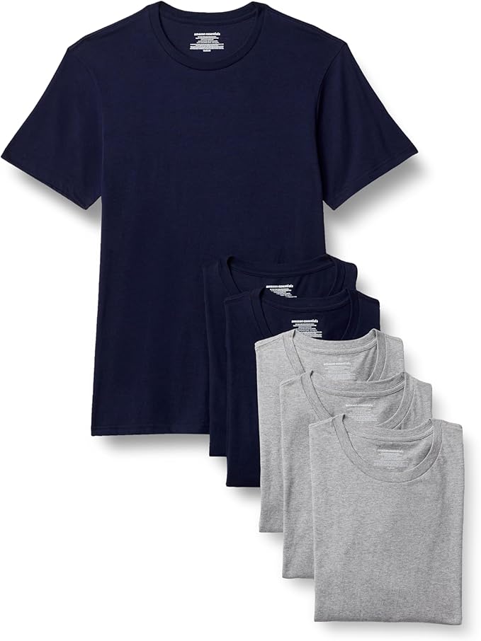 [6 Pack] Amazon Essentials Men's Slim-Fit Cotton Crew Neck Vests, Size Small - Medium Grey Heather/Navy Short Sleeve (S&S £6.84)