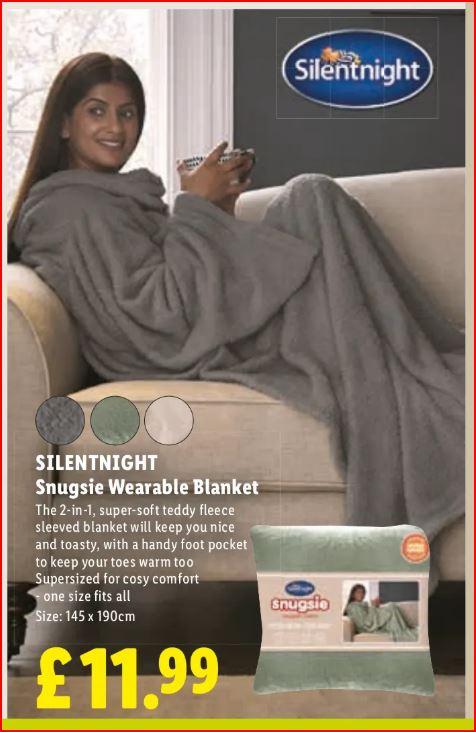 Silentnight Snugsie Wearable Blanket (Teddy Fleece, Foot Pocket) 145 x 90cm in Grey, sage or cream