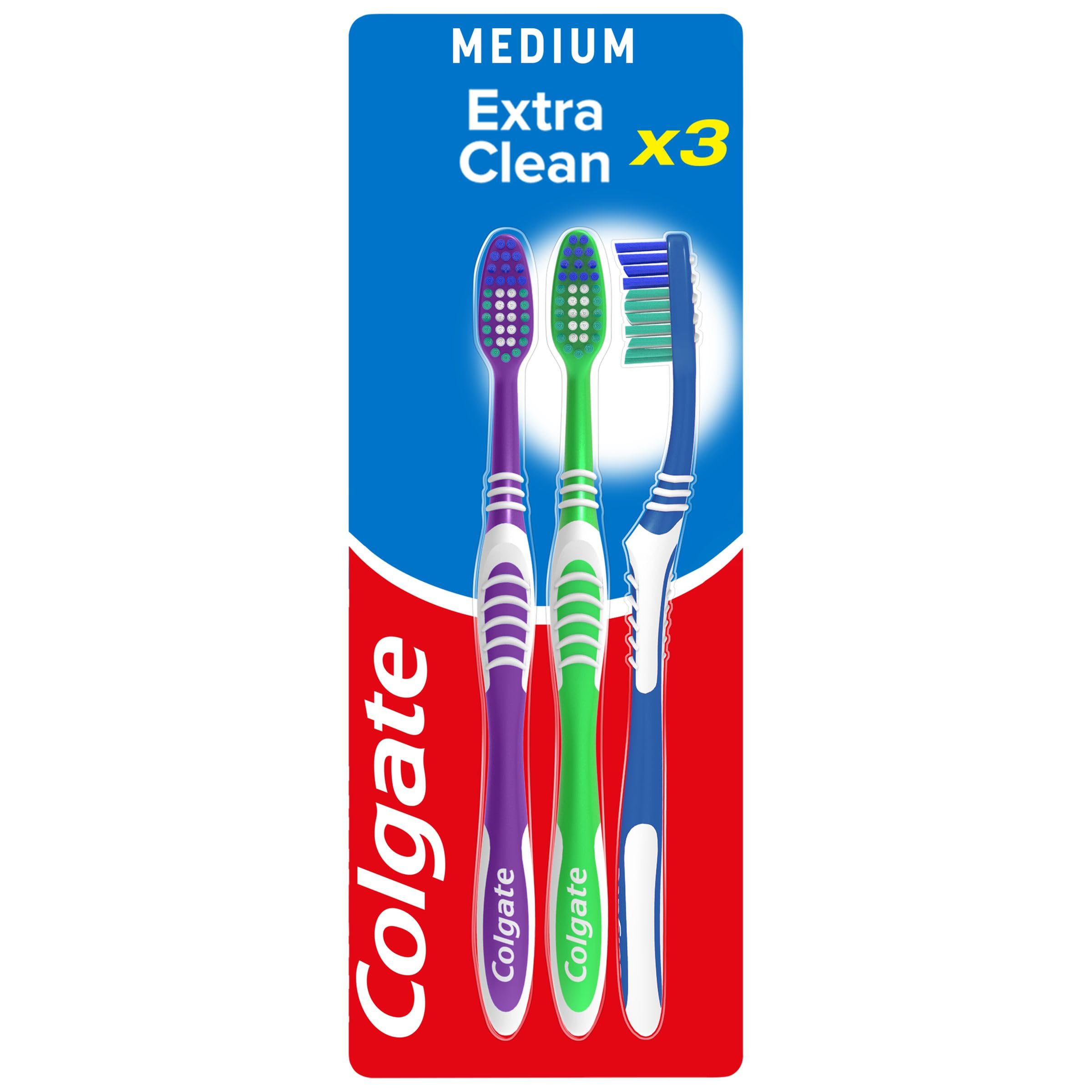 Colgate Extra Clean Medium Manual Toothbrush (Assorted) with a Cleaning Tip that Reaches and Cleans Back Teeth (Pack of 3) S&S £1.21