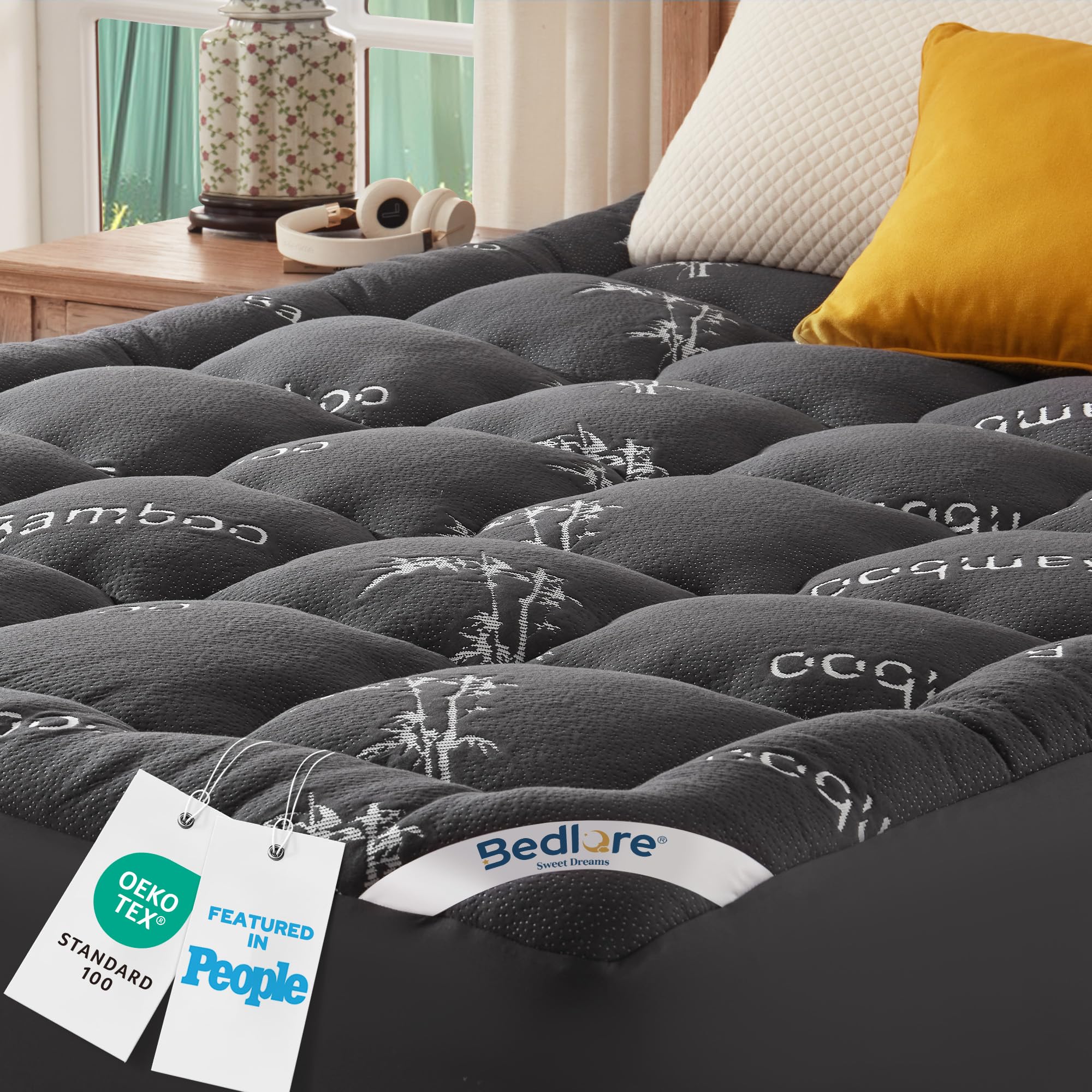 BEDLORE Mattress Topper Double Bed, Viscose Derived from Bamboo, Dark Grey - Sold by Bedlore EU / FBA