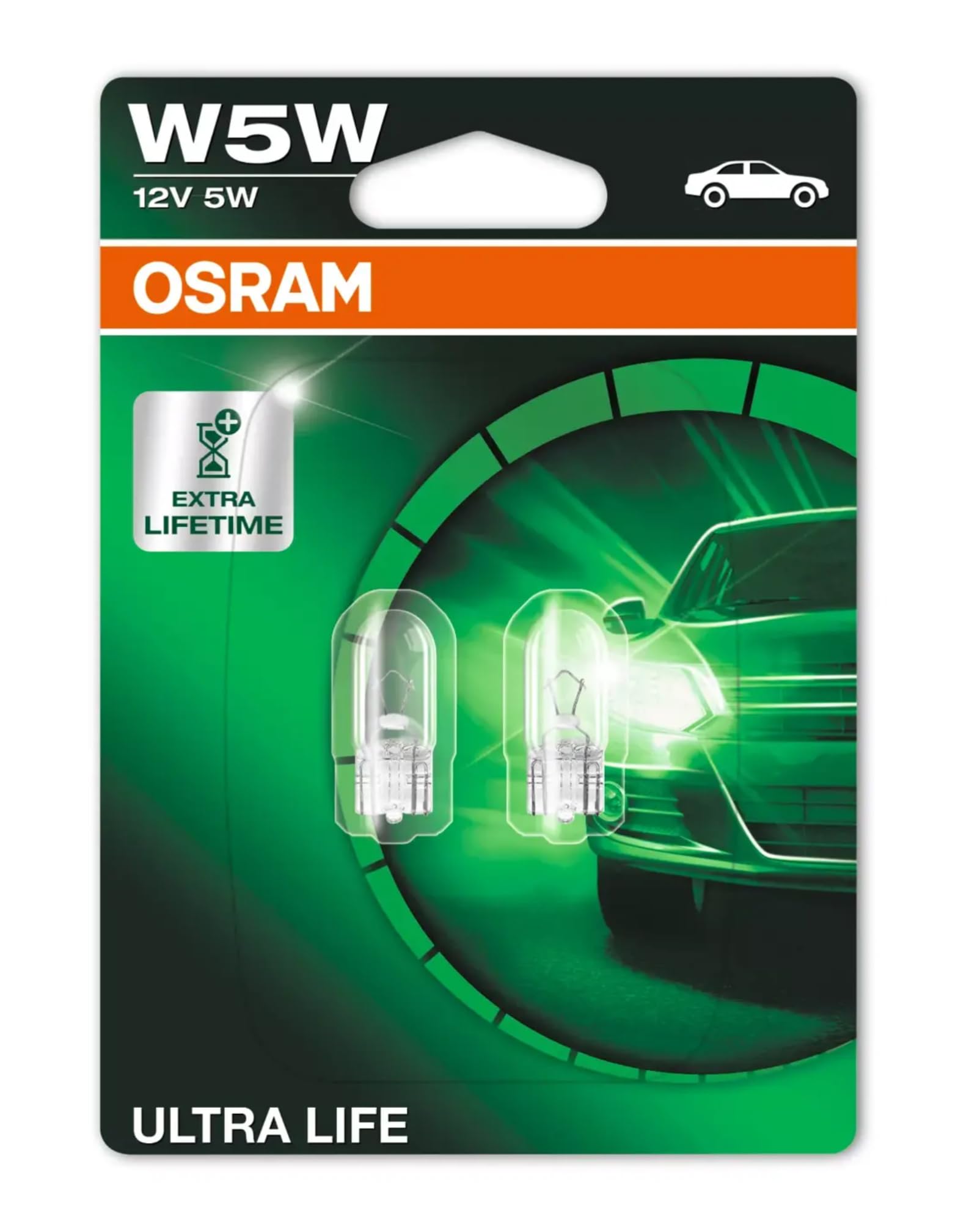 OSRAM Ultra Life Halogen Headlight Bulbs, W5W, Double Blister (2 lamps)