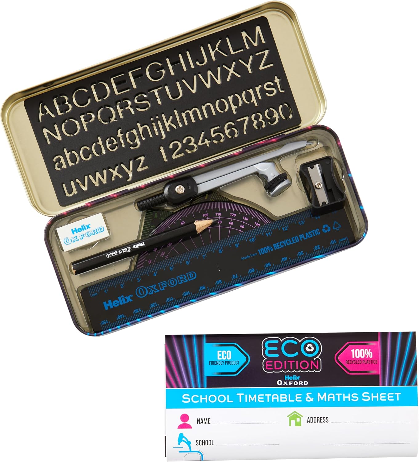 Helix Oxford Cyber Eco 9 Piece Maths Stationery Set & Storage Tin