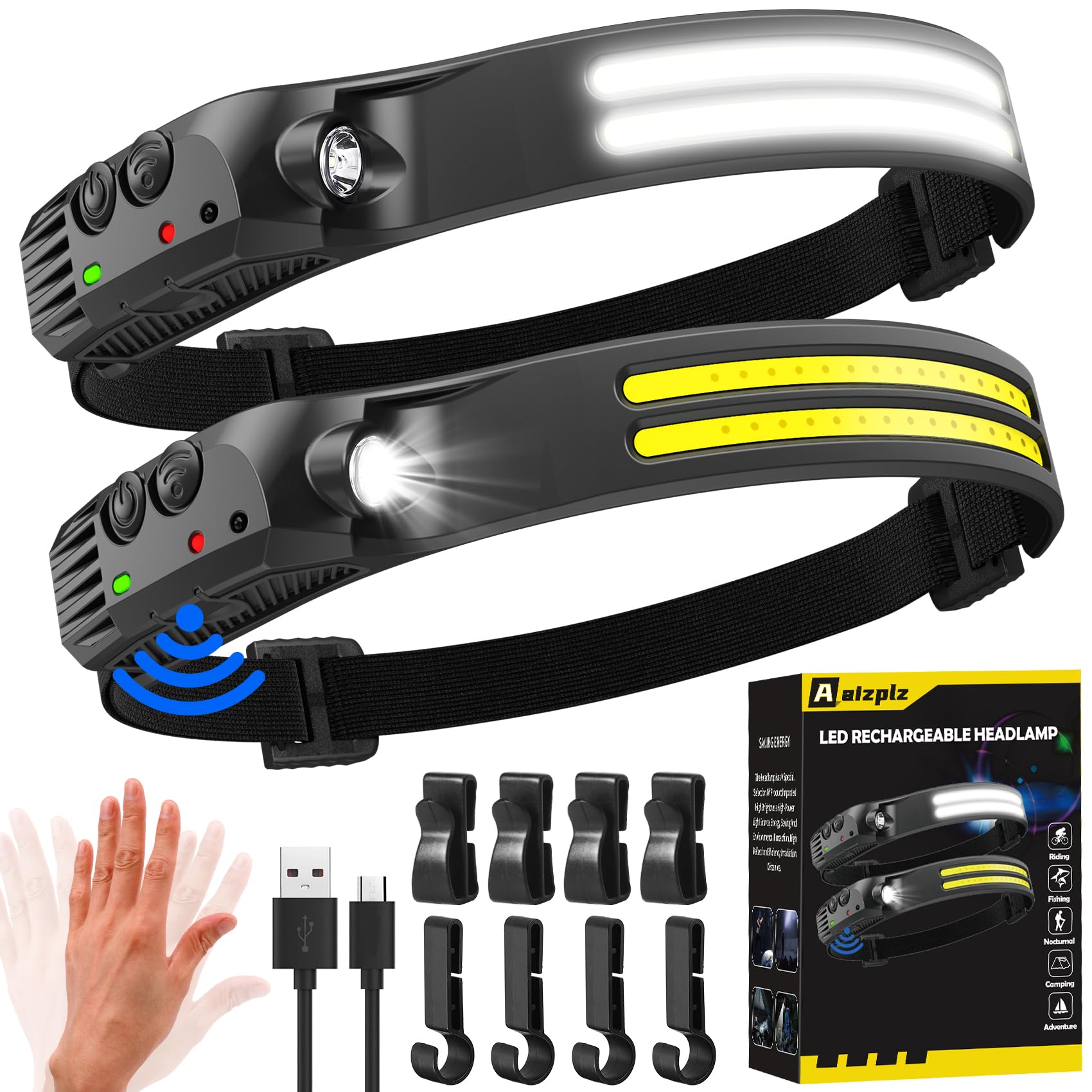 Rechargeable 230° Wide Beam Head Torch 2 Pack, Hands Free Sensor, 1500mAh IPX5 Waterproof - Sold by Aaizplz-EU / FBA