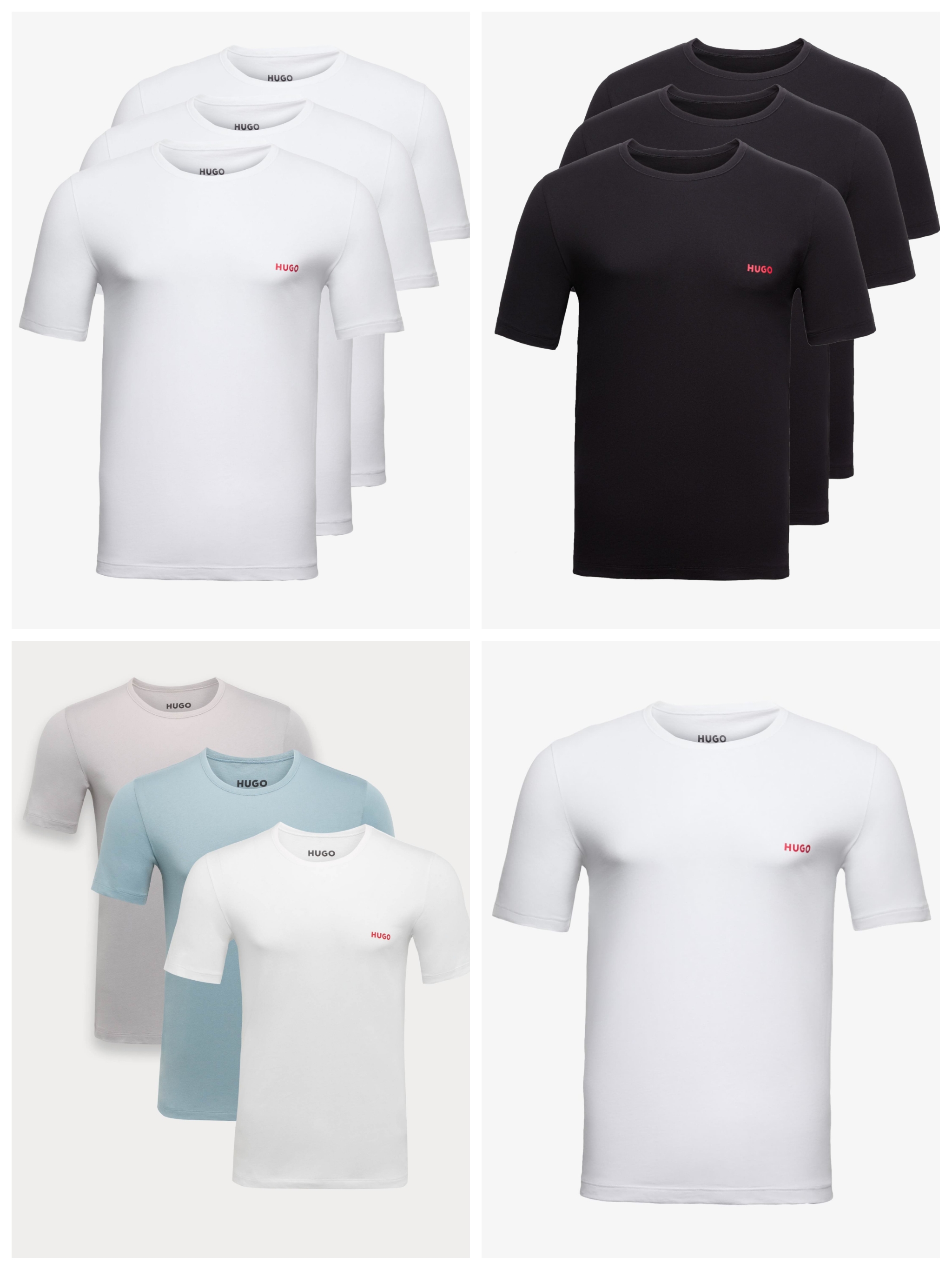 Mens HUGO 3 Pack Pure Cotton Jersey Logo T-Shirt (White / Black), Pure Cotton Logo T-Shirts (Blue Mix) Sizes S-XL + Free C&C