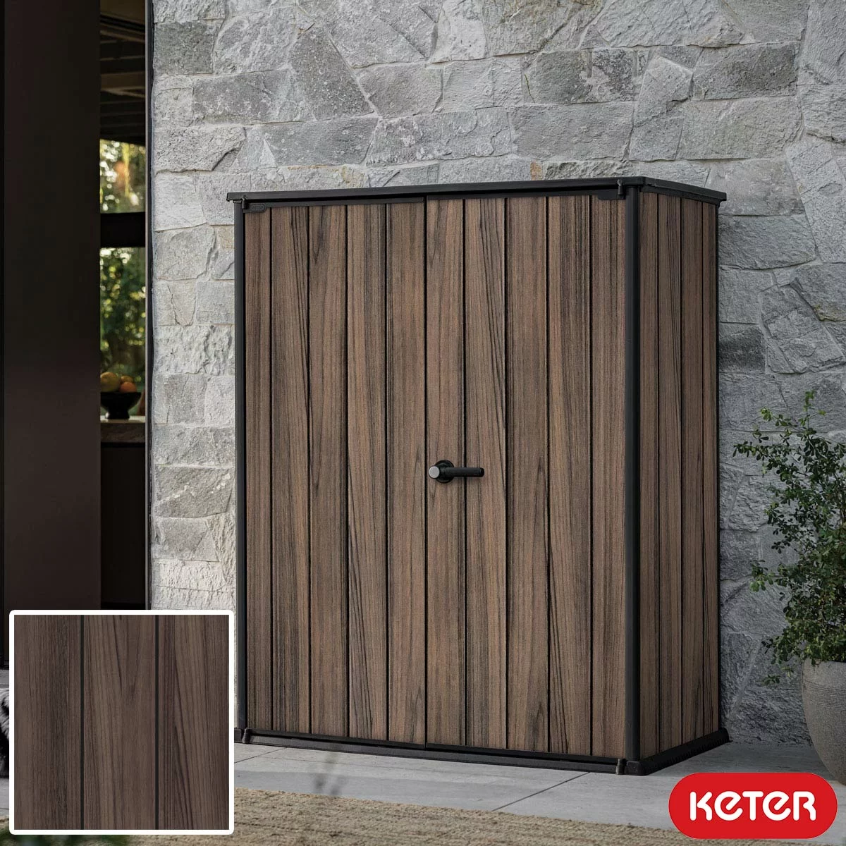 Keter Rosewood 4ft 6" x 2ft 4" (1.4 x 0.7m) 1,415 Litre Vertical Storage Shed with Shelves