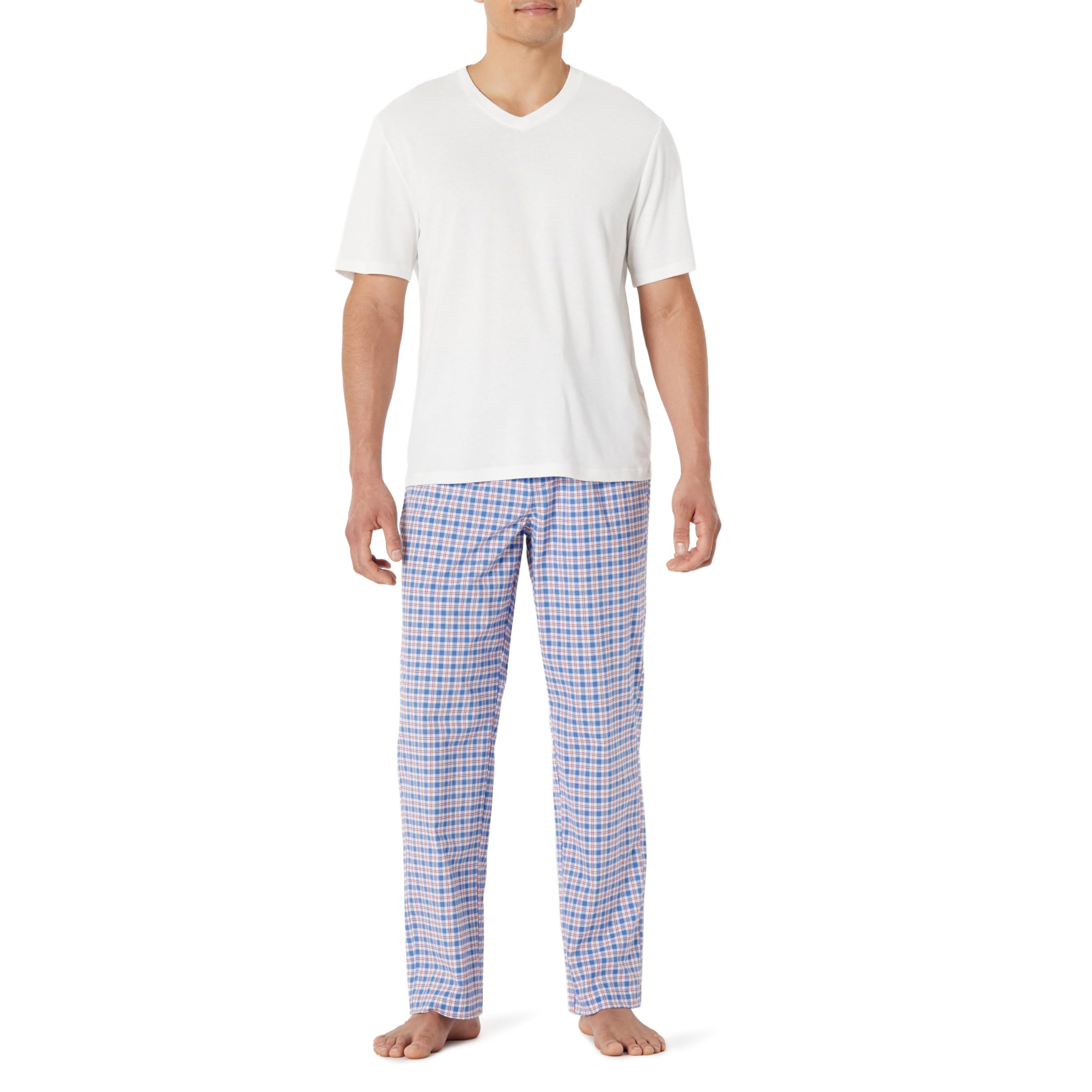 Amazon Essentials Men's Cotton Stretch Poplin Trouser with Cotton Jersey T-Shirt Pyjama Set - Size L