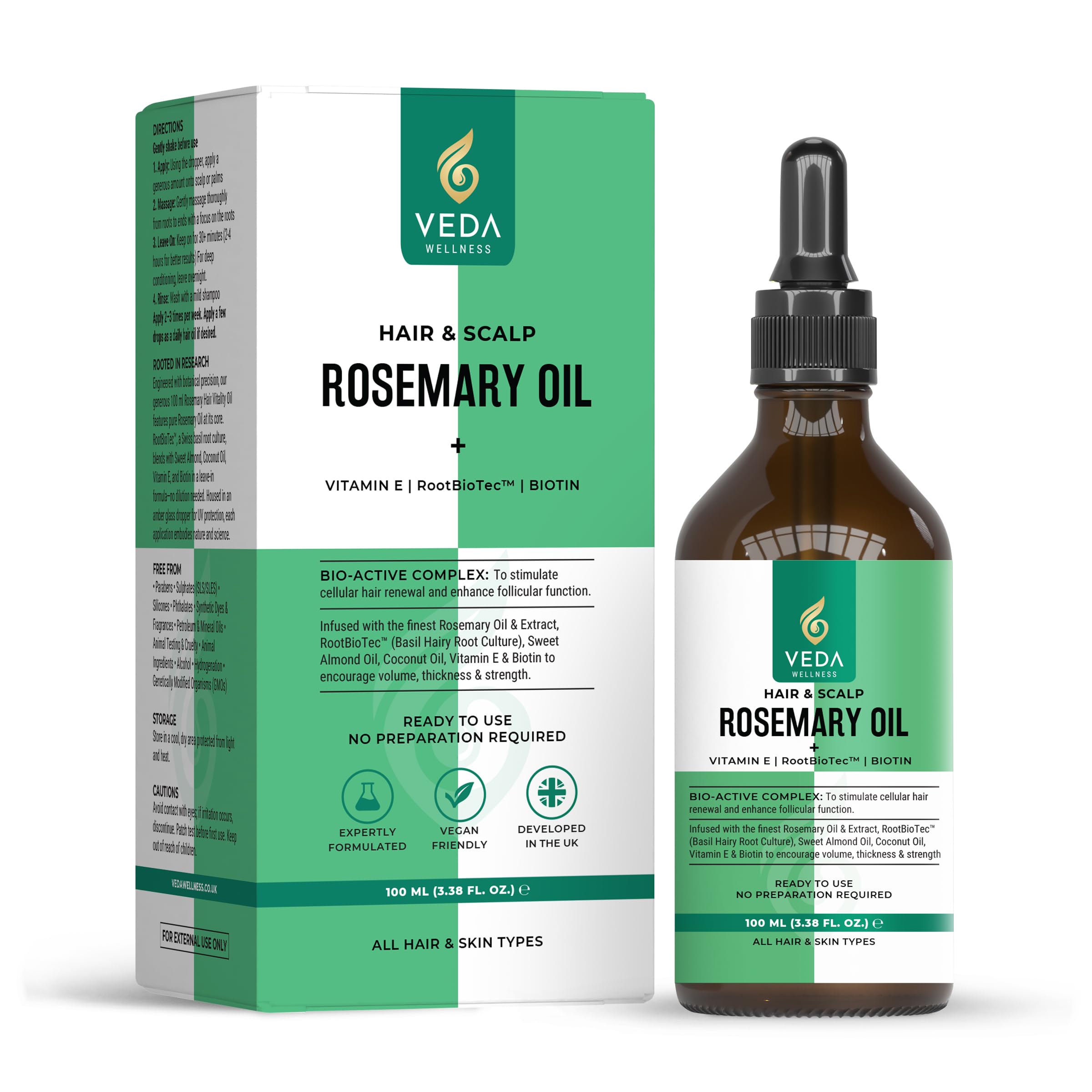 Rosemary Oil for Hair Growth, Pre-Diluted | With Biotin, Vitamin E & RootBioTec 100ml. Sold by Earth Cures UK FBA
