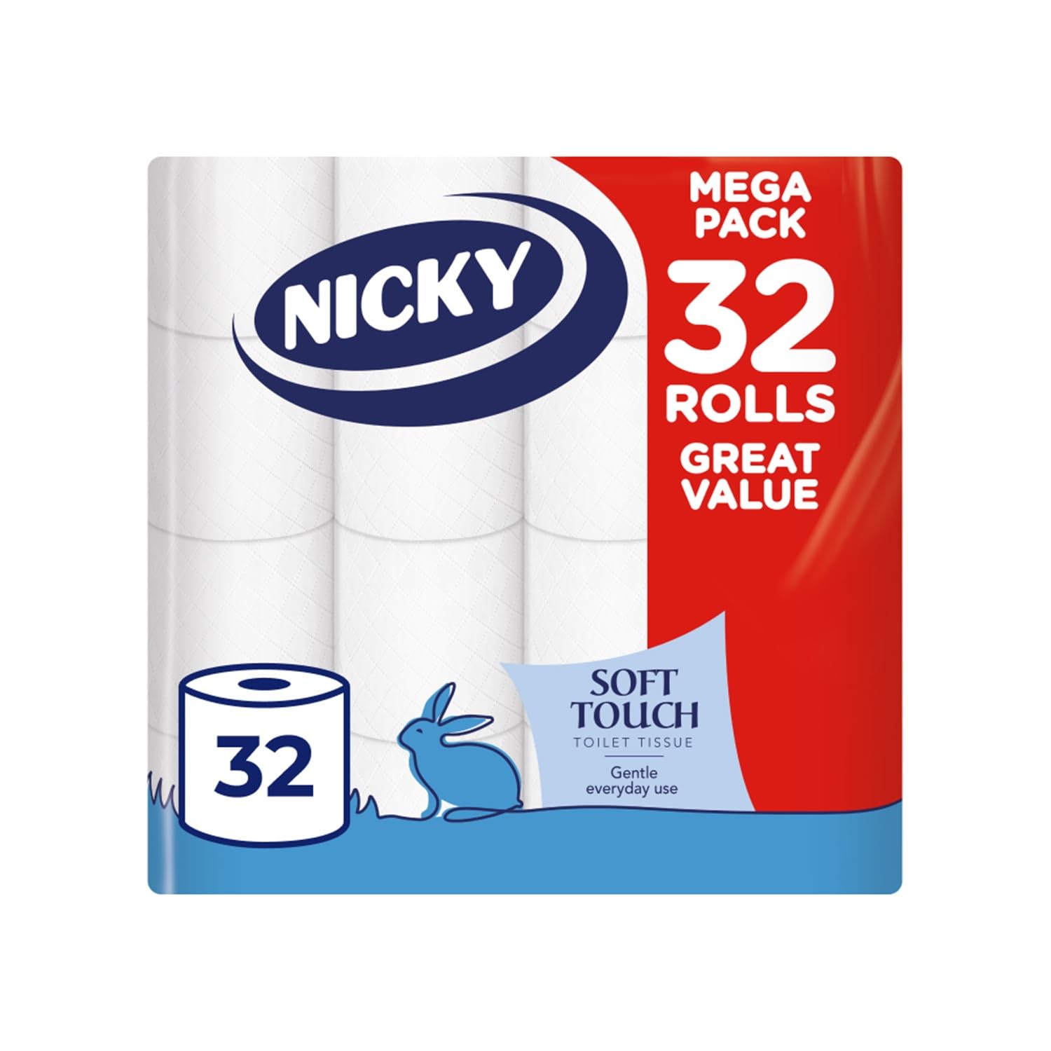 Nicky Soft Touch, 32 Rolls of Toilet Tissue, 2-Ply | 190 Sheets per Roll | S&S £6.58