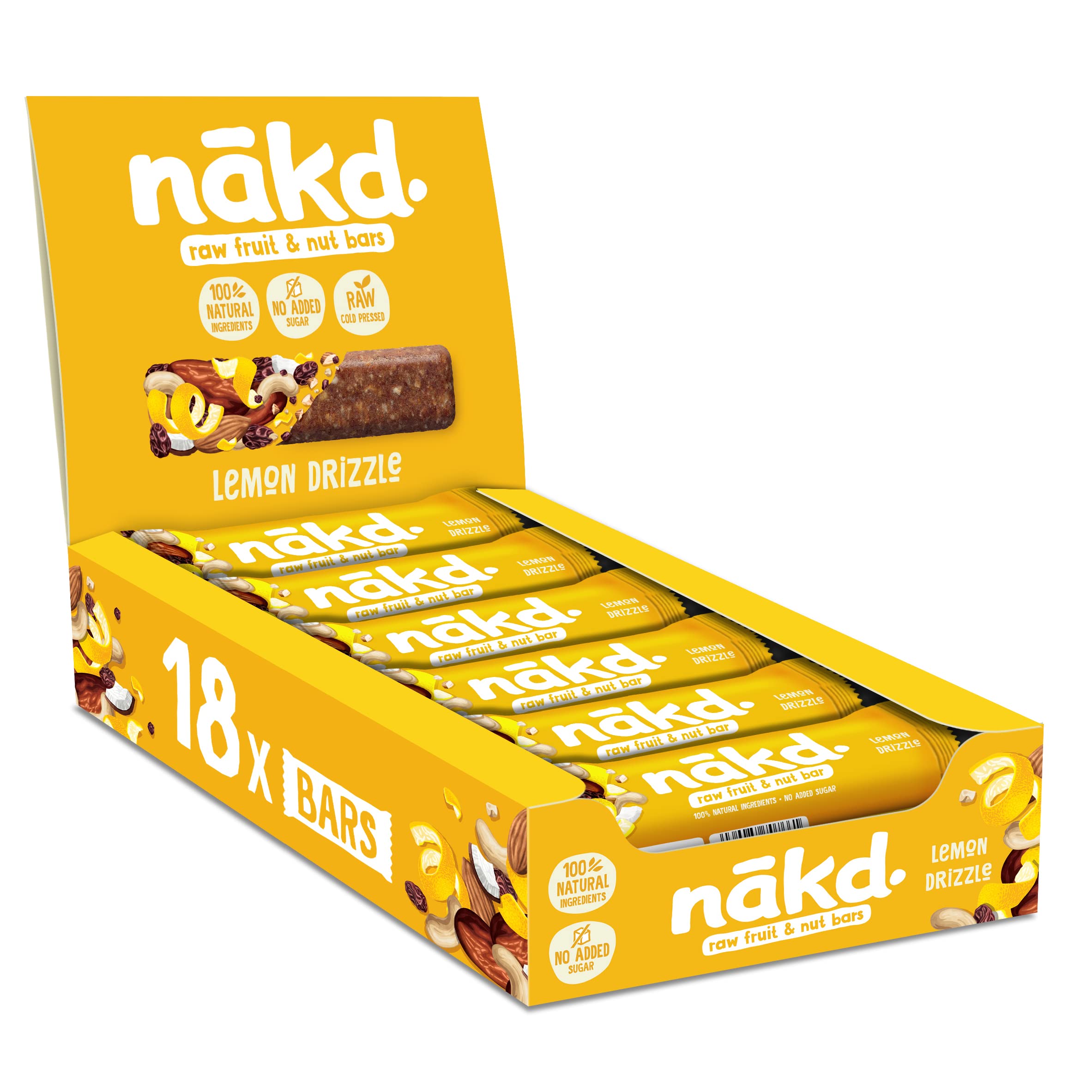 Nakd Lemon Drizzle Natural Fruit & Nut Bars - Vegan - Gluten Free - Healthy Snack, 35 g (Pack of 18) | Vegan and gluten-free