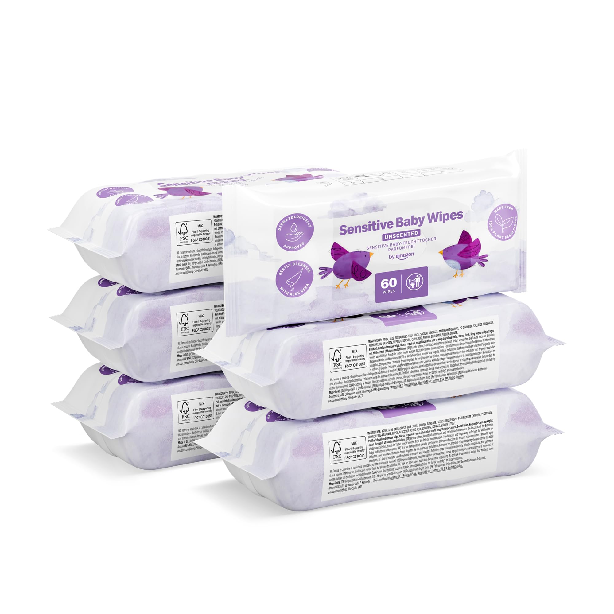 Amazon Sensitive Baby Wipes, Unscented, 360 Wipes, 6 Pack of 60, Plant-Based Wipes, £2.88 with S&S or x4 pack of 6 (x24) for £10.17