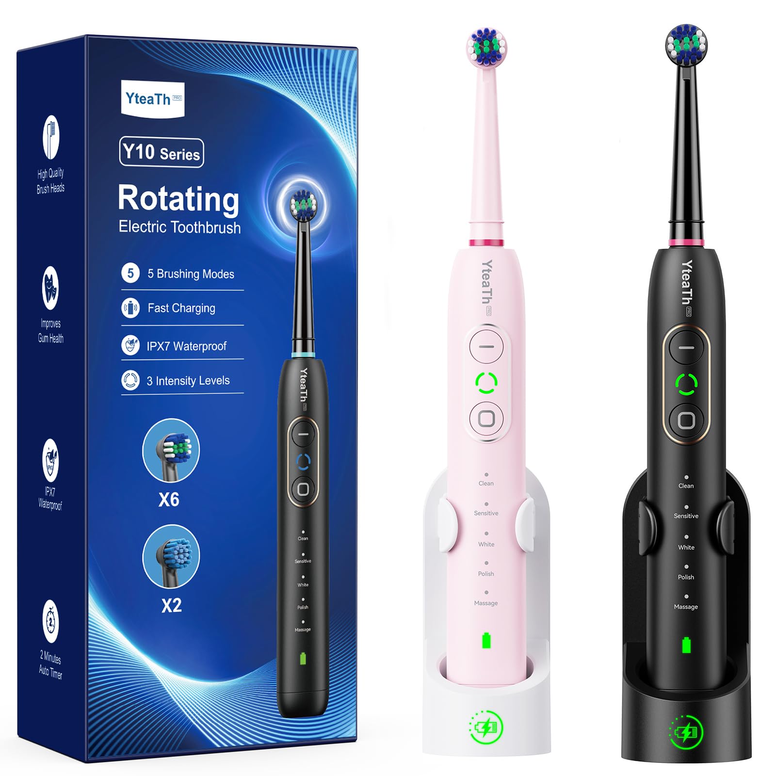 2 Pack Rotating Electric Toothbrush with 10 Brush Heads, 3 Intensities 5 Modes, Wireless Wall Charging Station