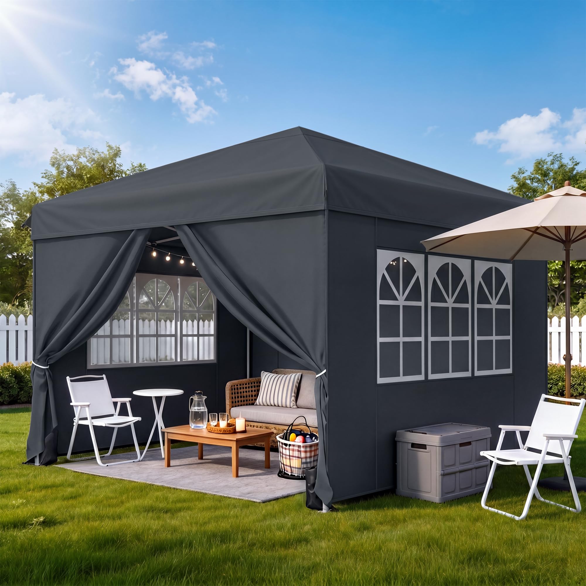 DWVO Gazebo with Zip-up Sides, 3x3m Foldable UV50+ for Camping, Grey, Waterproof with Carry Bag and 4 Sandbags