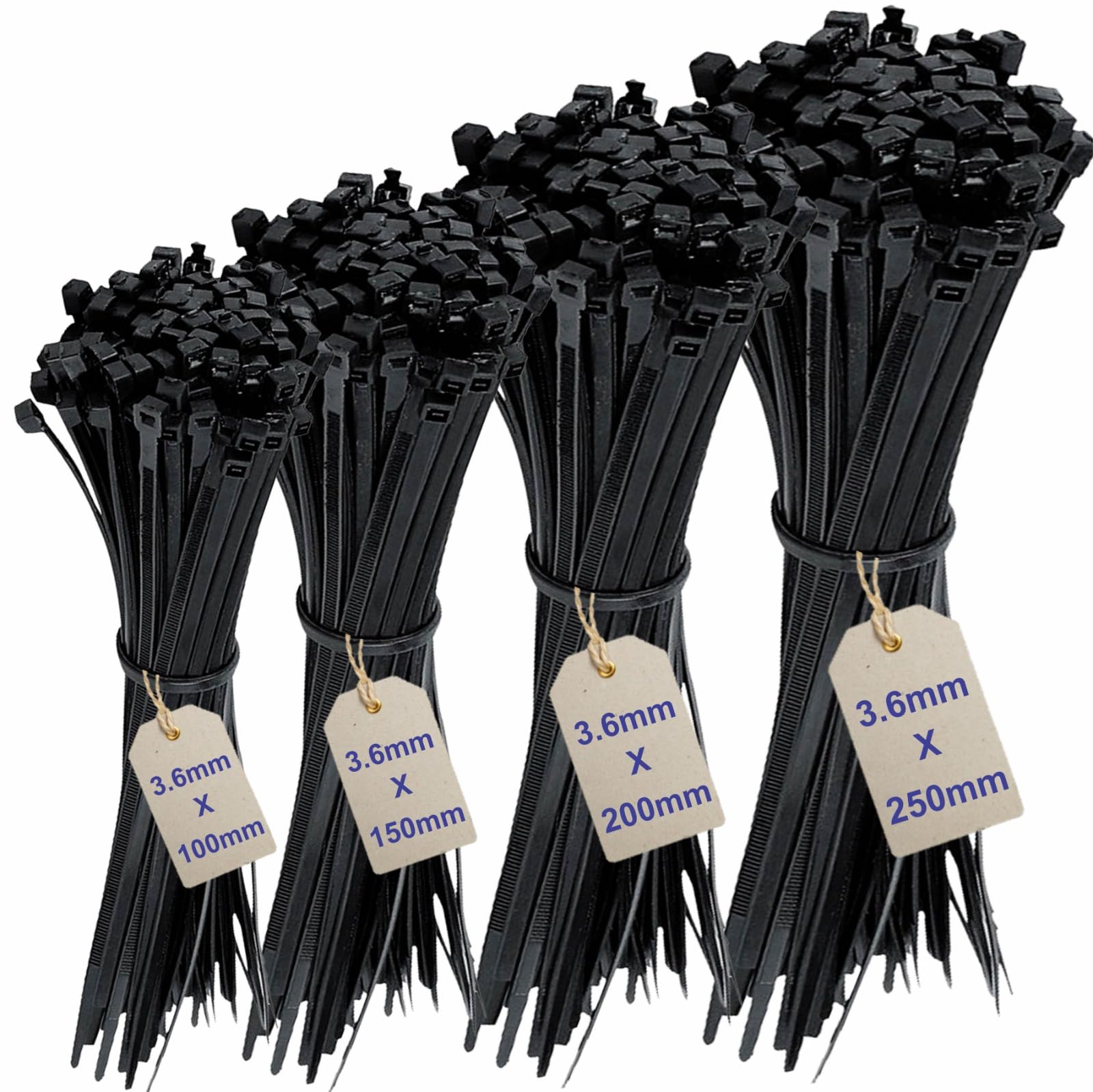 200Pcs Cable Ties Assortment -Mix Black Zip Ties Set with 4 Sizes (100/150/200/250mm) x 3.6mm sold by ZARB FBA